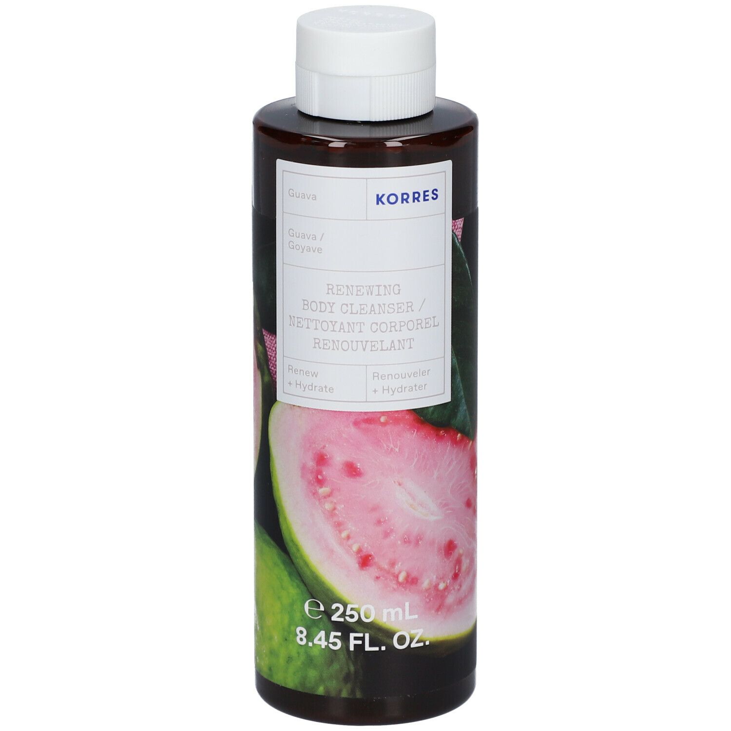 KORRES Guava Renewing Body Wash. Fles met witte dop. Label met guave-illustratie en productnaam.