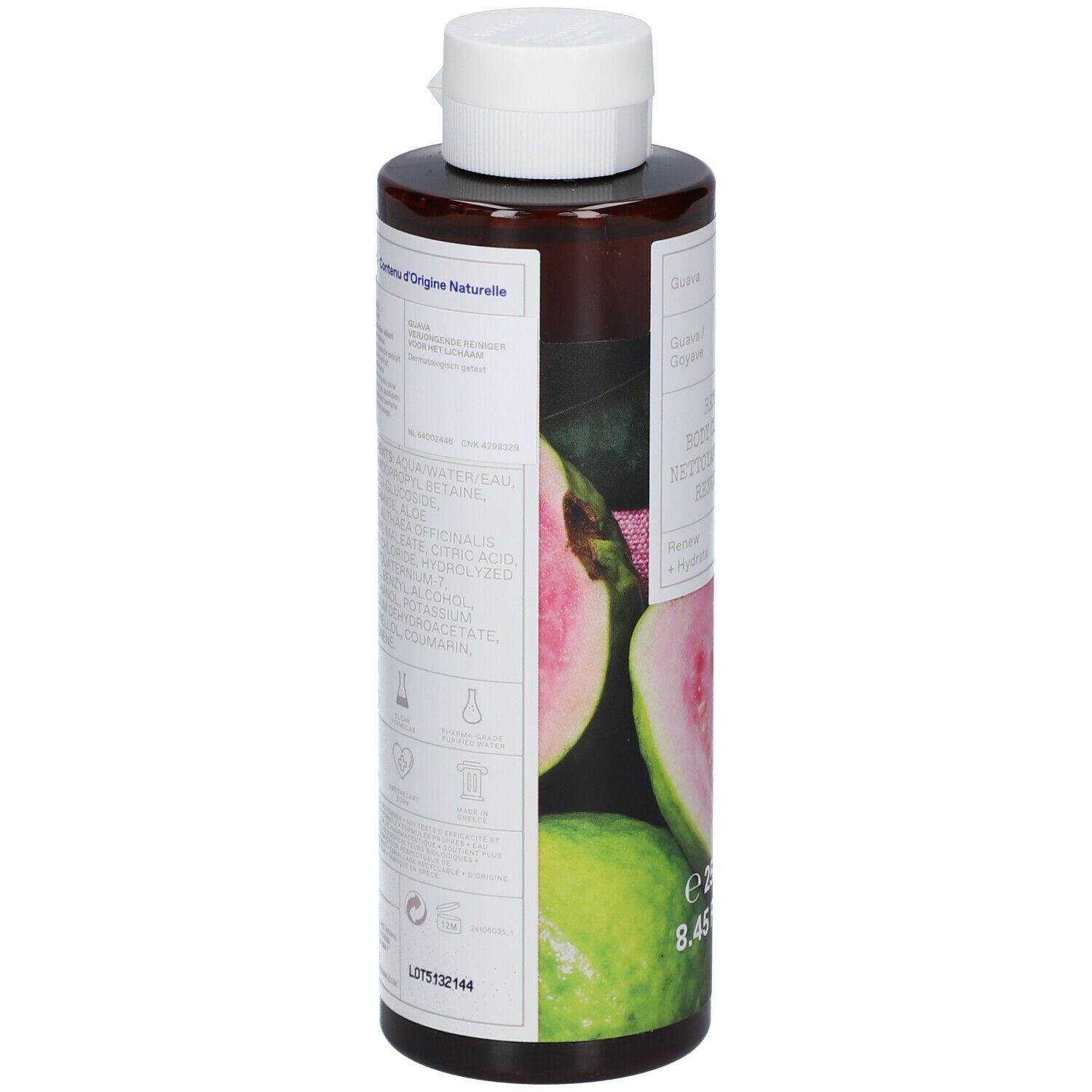 KORRES Guava Renewing Body Wash. Fles met witte dop. Achterkant met ingrediënten en logo's.