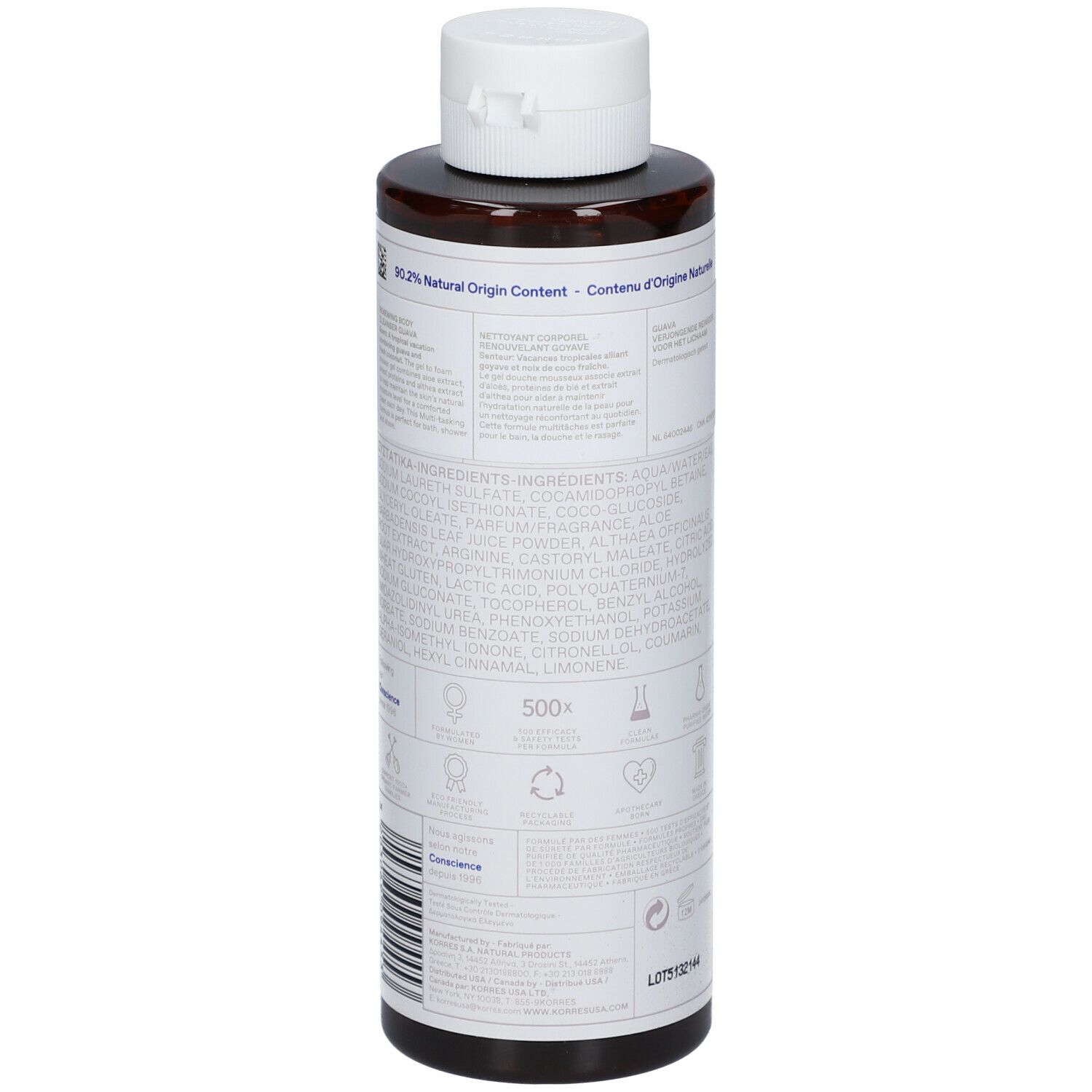 KORRES Guava Renewing Body Wash. Fles met witte dop. Achterkant met ingrediënten en logo's.