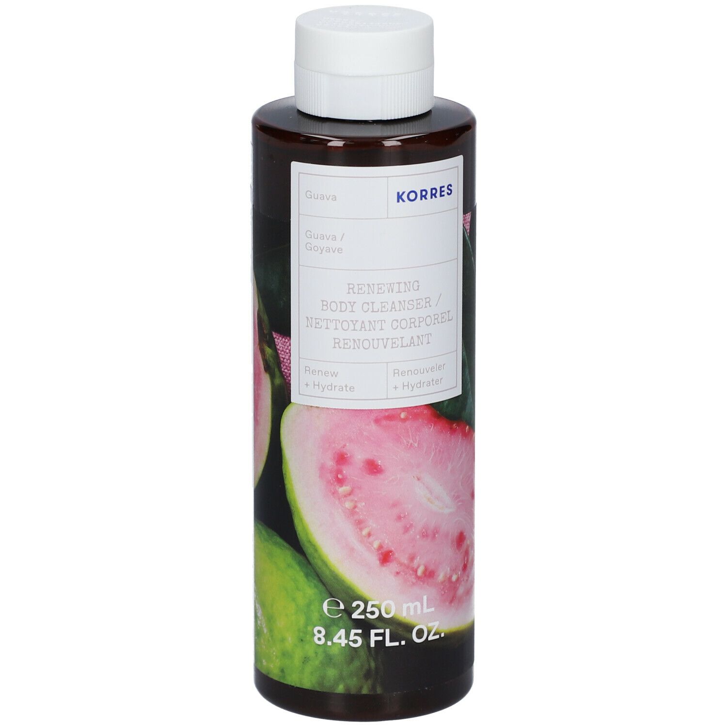 KORRES Guava Renewing Body Wash. Fles met witte dop. Label met guave-illustratie en productnaam.