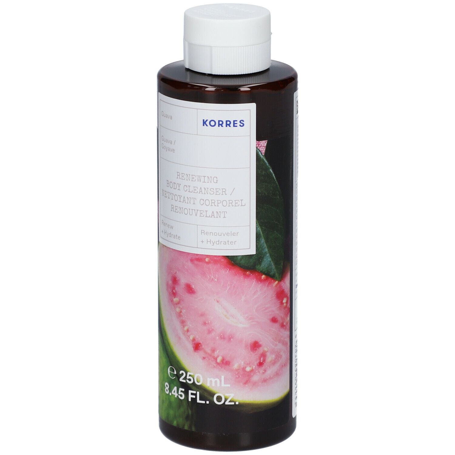 KORRES Guava Renewing Body Wash. Fles met witte dop. Label met guave-illustratie en productnaam.