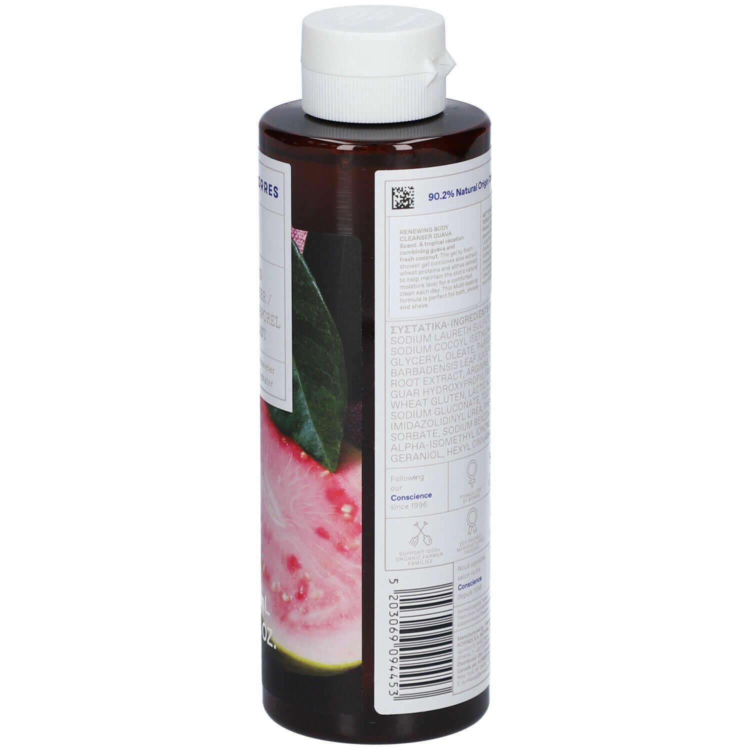 KORRES Guava Renewing Body Wash. Fles met witte dop. Achterkant met ingrediënten en logo's.