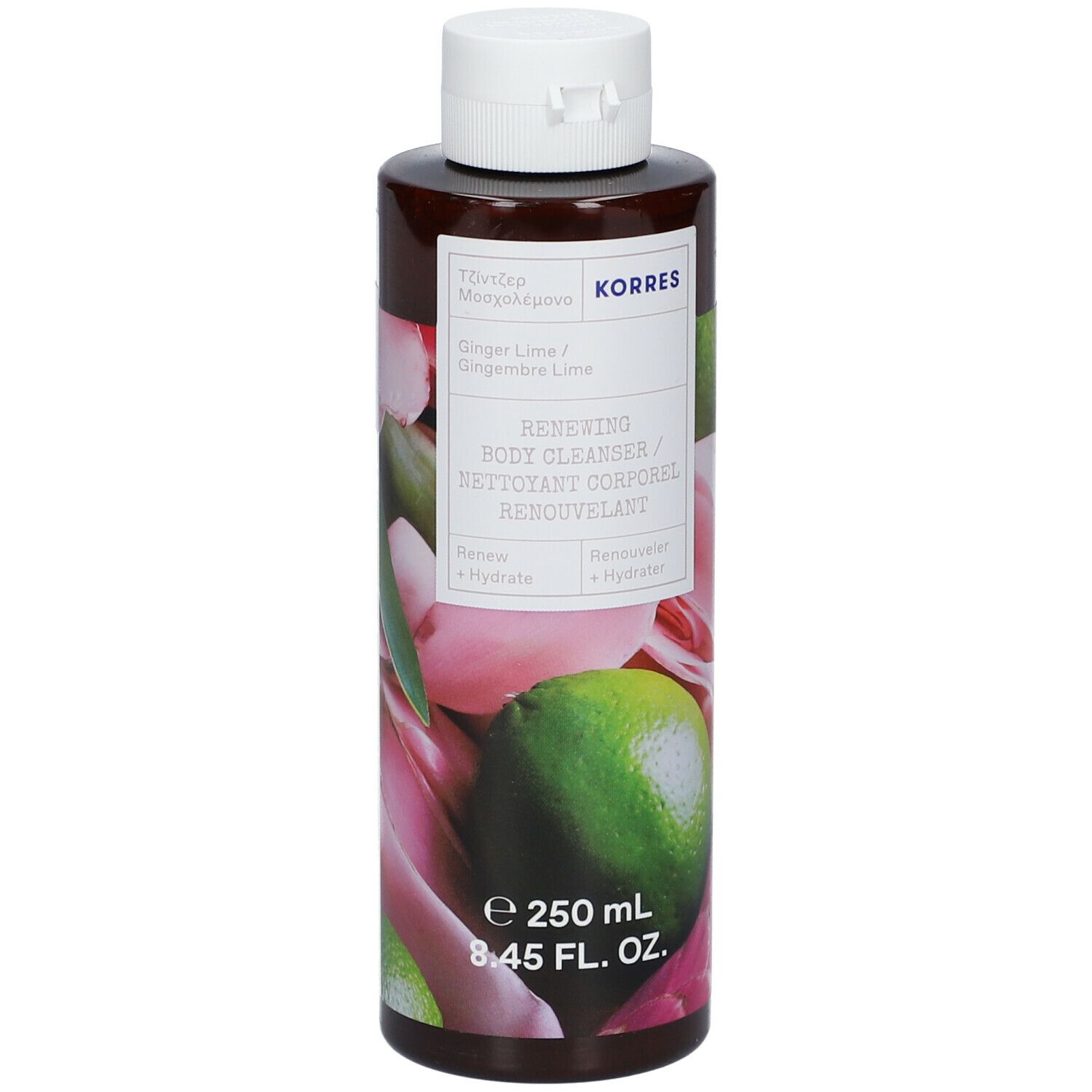 Bruine fles met witte dop. Etiket met productnaam, limoen- en bloemenillustraties. Merk: KORRES.