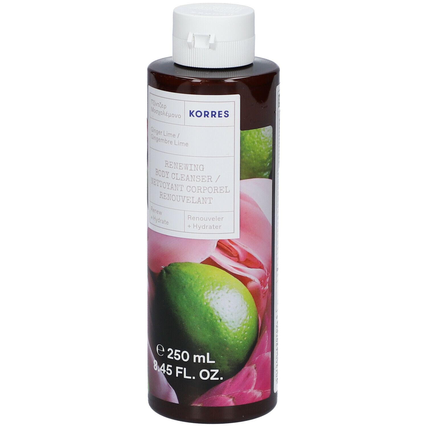 Bruine fles met witte dop. Etiket met productnaam, limoen- en bloemenillustraties. Merk: KORRES.