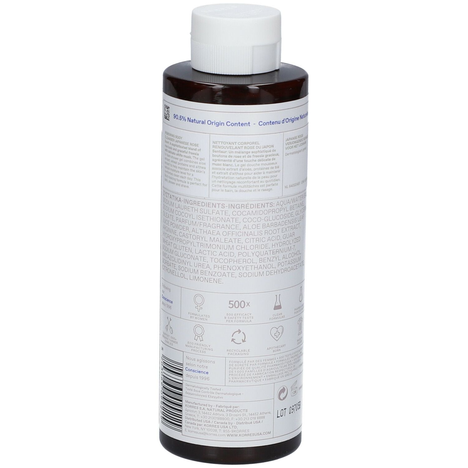 Bruine fles met witte dop. Etiket met ingrediënten en logo's. 90,8% natuurlijke oorsprong.