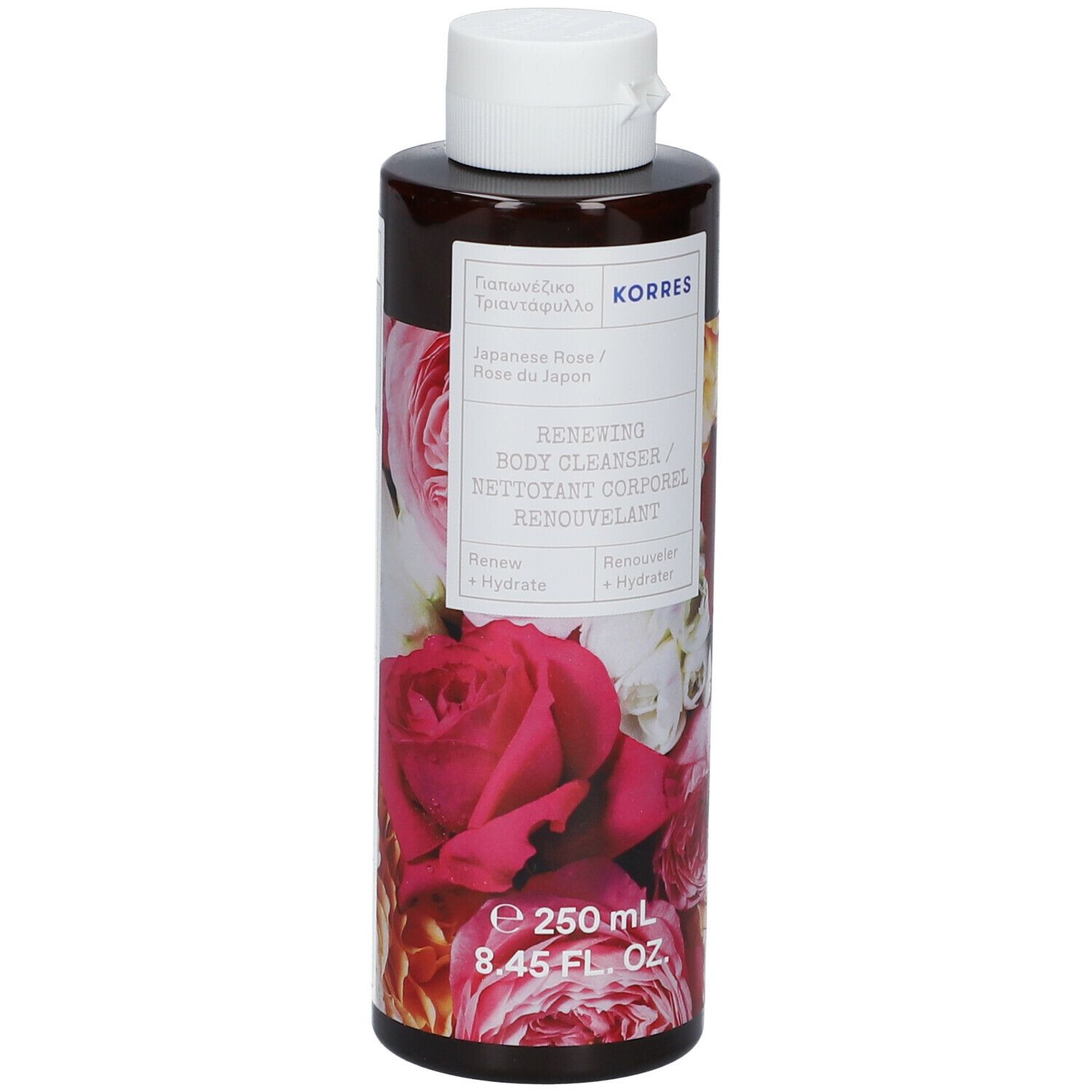 KORRES Renewing Body Cleanser, fles met bloemenontwerp. Witte dop, bruine fles. 250 ml.