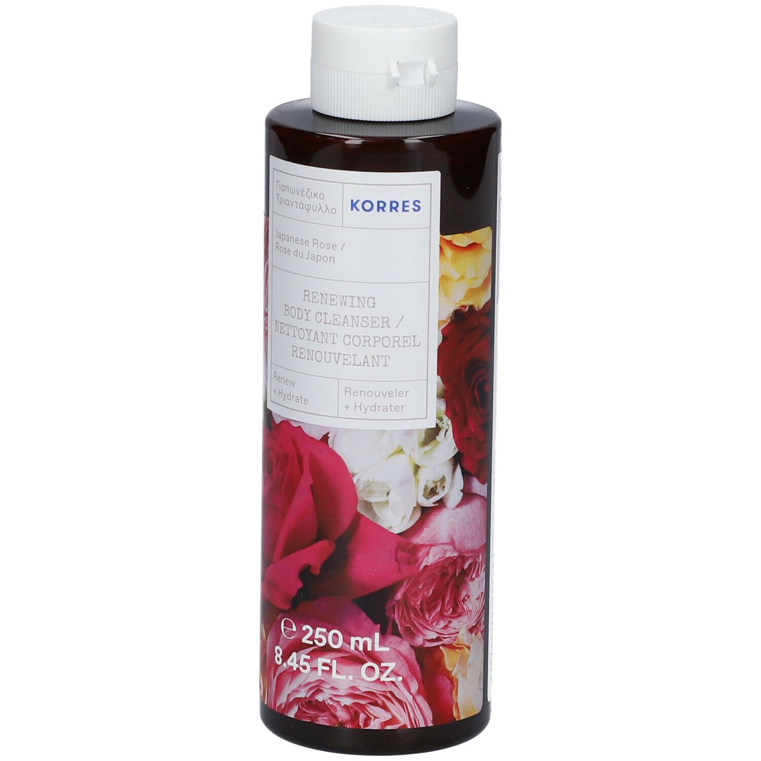 KORRES Renewing Body Cleanser, fles met bloemenontwerp. Witte dop, bruine fles. 250 ml.