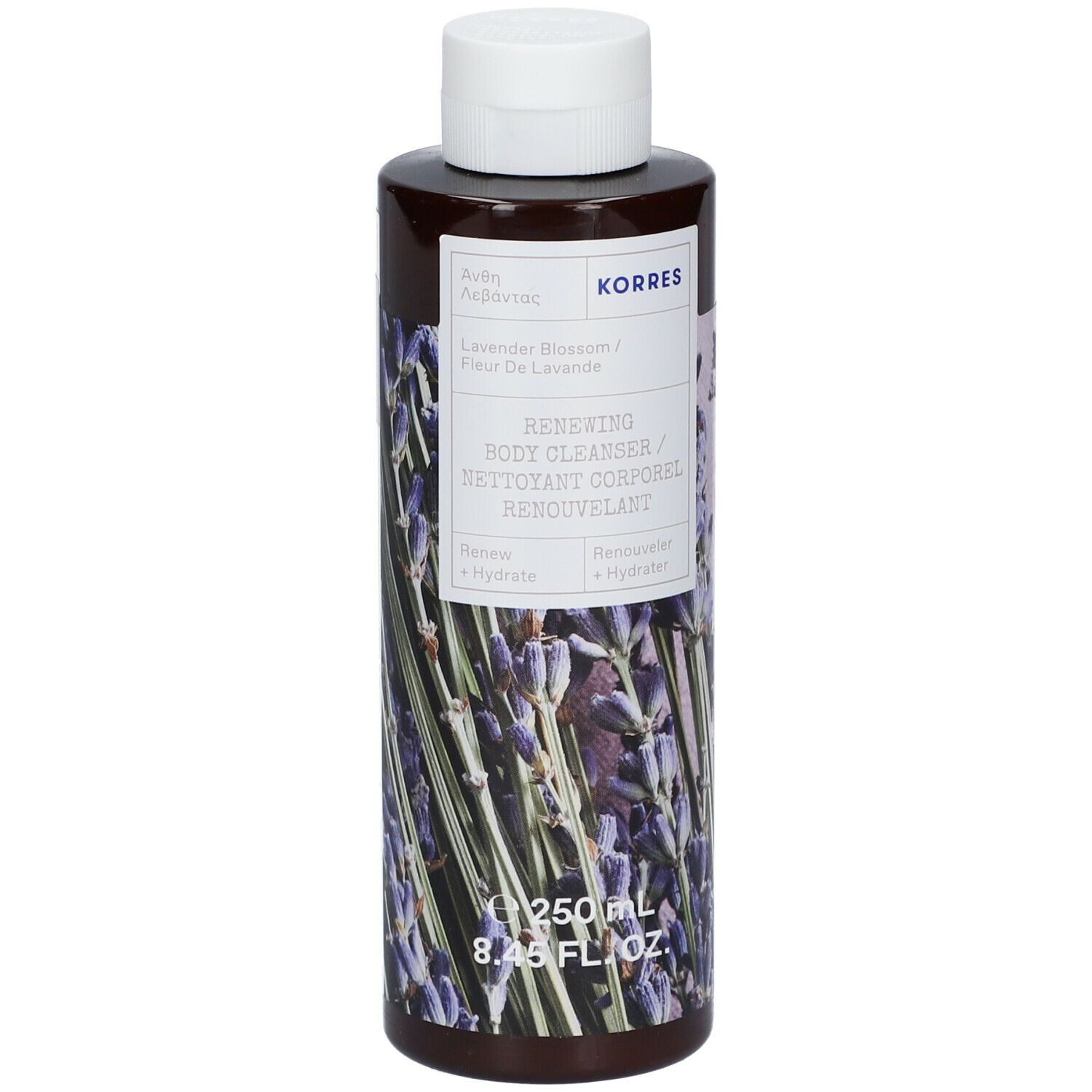 Bruine fles met witte dop. Etiket met productnaam en lavendelillustratie. Merk KORRES.