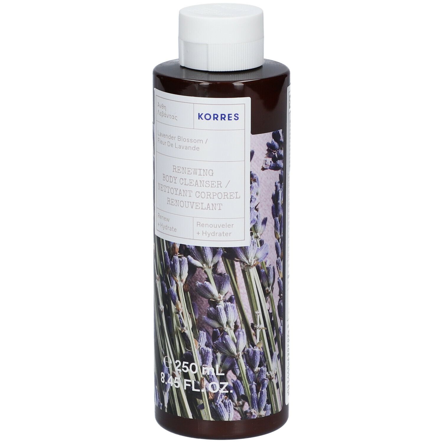 Bruine fles met witte dop. Etiket met productnaam en lavendelillustratie. Merk KORRES.