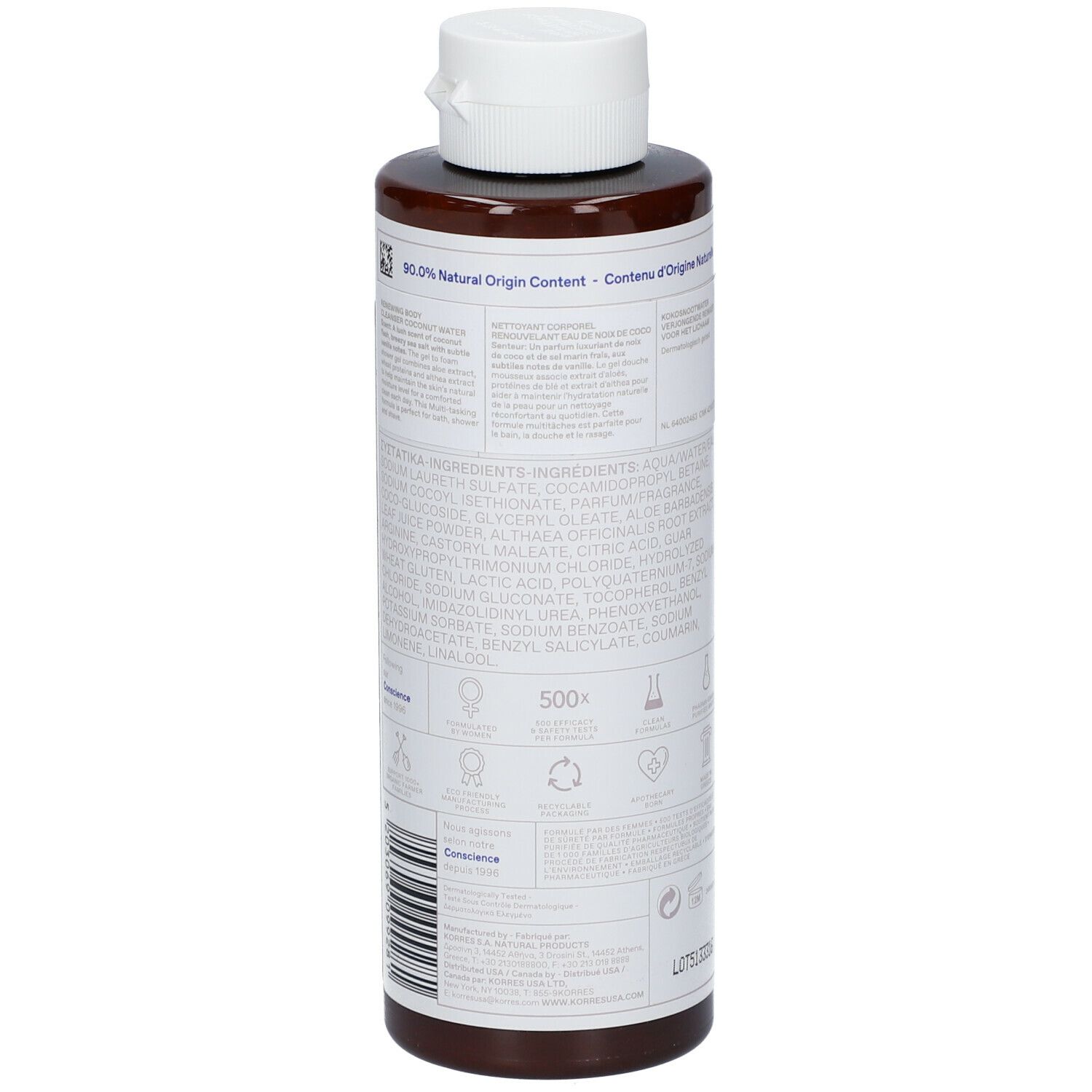 Dos du flacon marron. Texte avec ingrédients et logos. 90% d'origine naturelle.