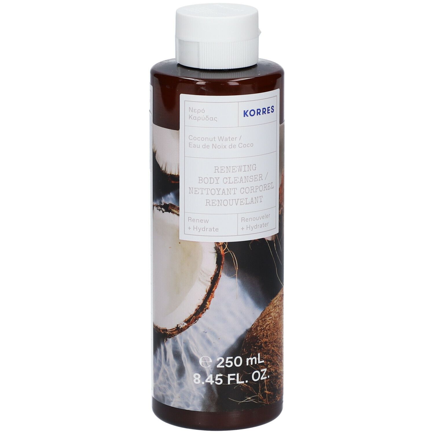 Flacon marron avec bouchon blanc. Inscription: KORRES Coconut Water Duschgel. Image de noix de coco.
