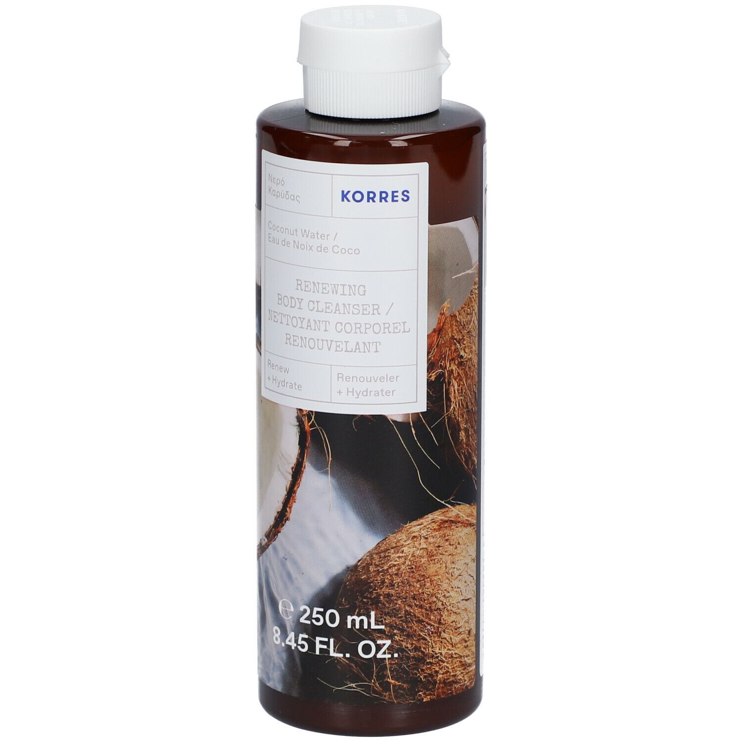 Flacon marron avec bouchon blanc. Inscription: KORRES Coconut Water Duschgel. Image de noix de coco.