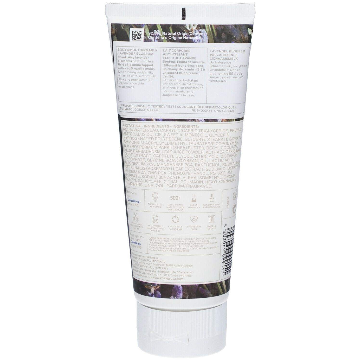 Achterkant van de KORRES® Lavendelblüten Körpermilch tube. Ingrediënten, certificeringen en productinformatie.