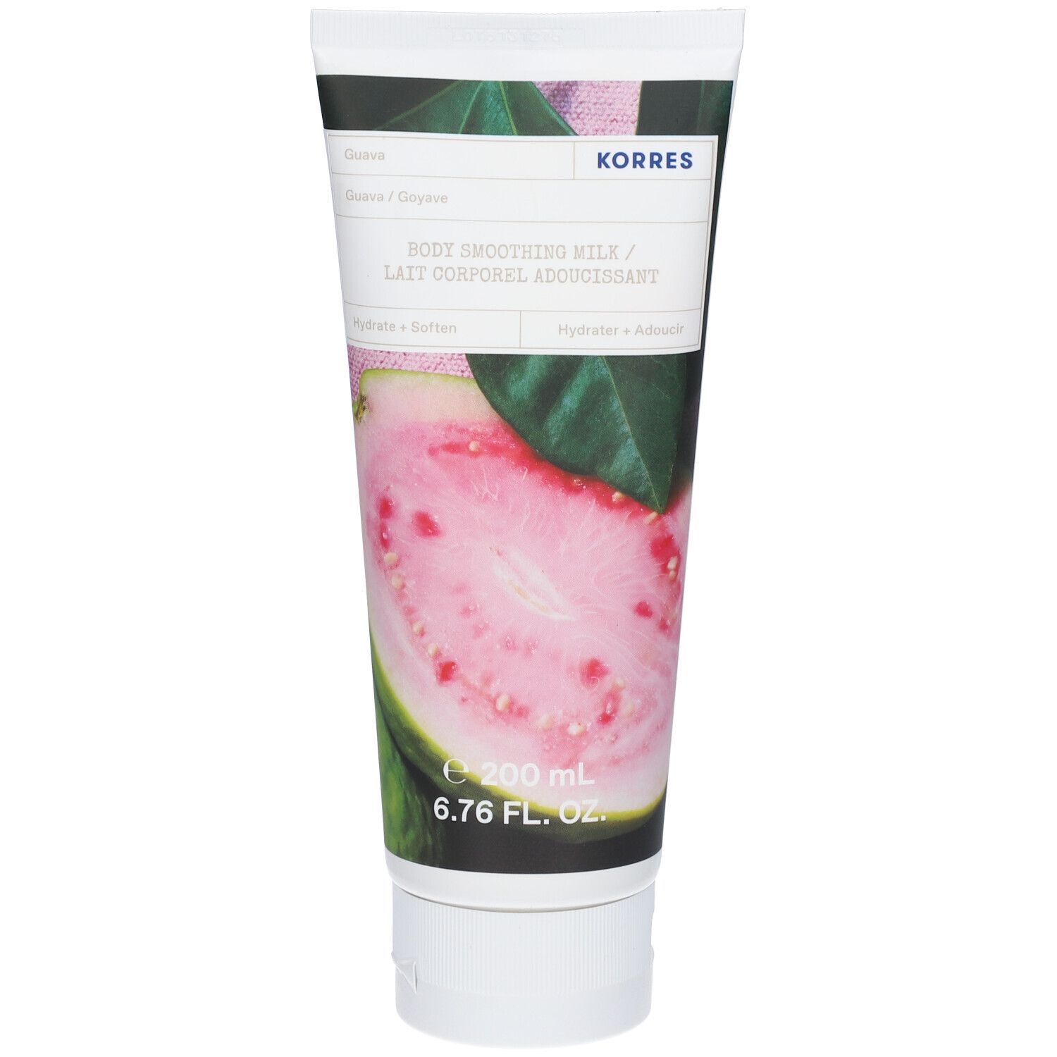 Tube de lait corporel KORRES, illustration de goyave. Texte: Body smoothing milk. Marque visible.