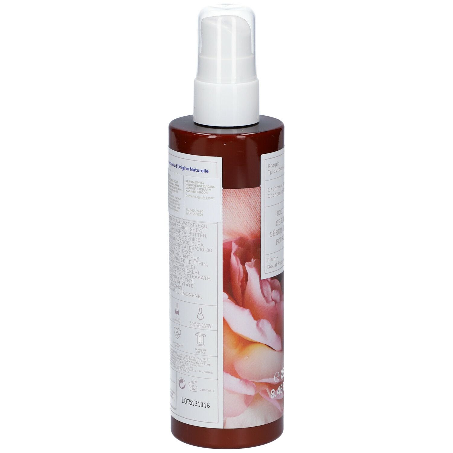 Bruine fles met witte spraykop. Opschriften en informatie op wit etiket. Achterkant met tekst.