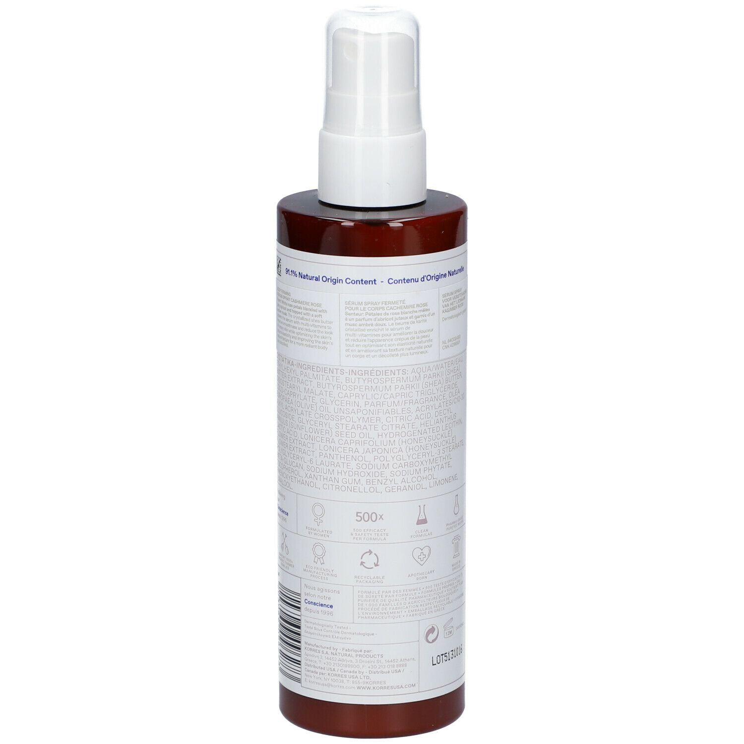 Bruine fles met witte spraykop. Opschriften en informatie op wit etiket. Achterkant met tekst.