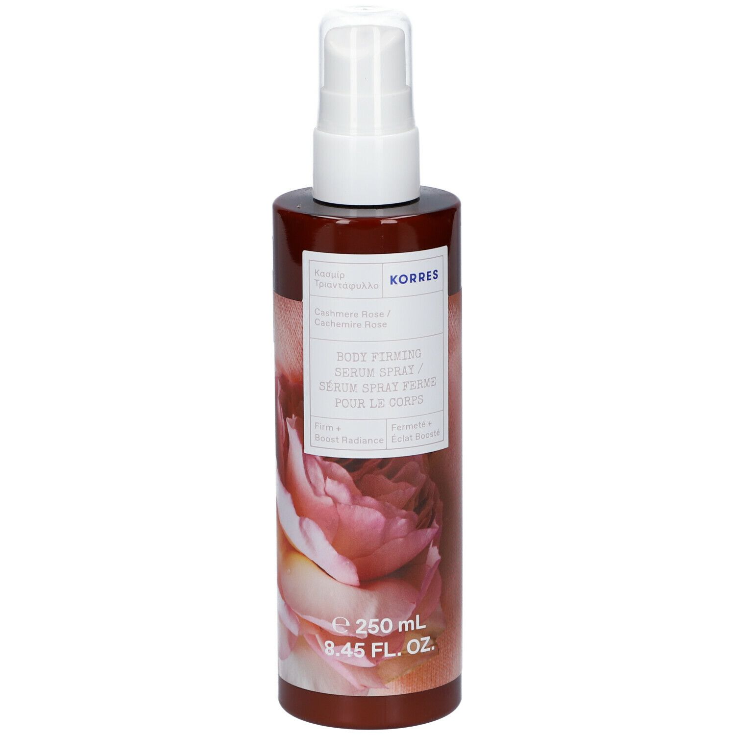 Bruine fles met witte spraykop. Opschrift: KORRES, Body Firming Serum Spray, Cashmere Rose. 250 ml.