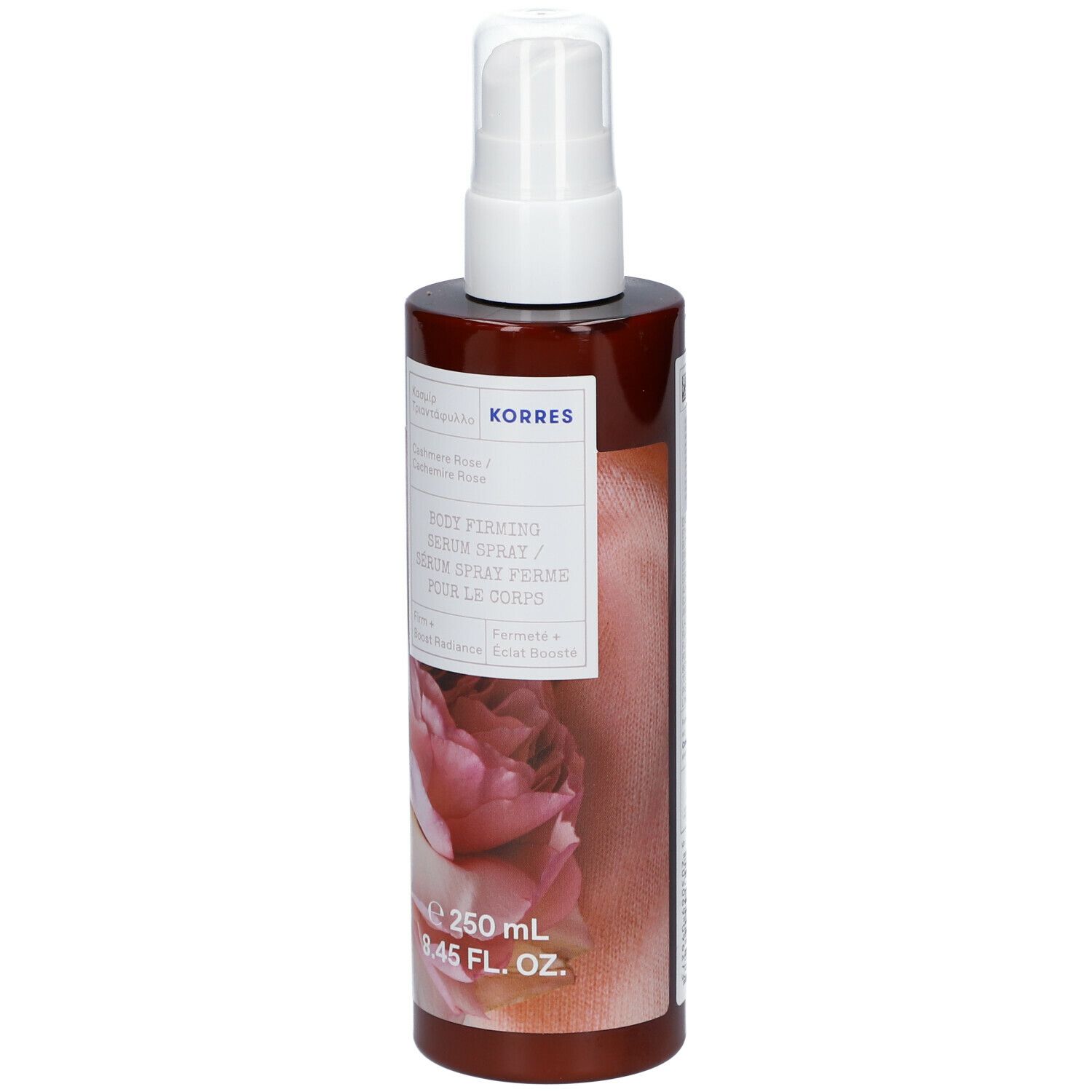 Bruine fles met witte spraykop. Opschrift: KORRES, Body Firming Serum Spray, Cashmere Rose. 250 ml.
