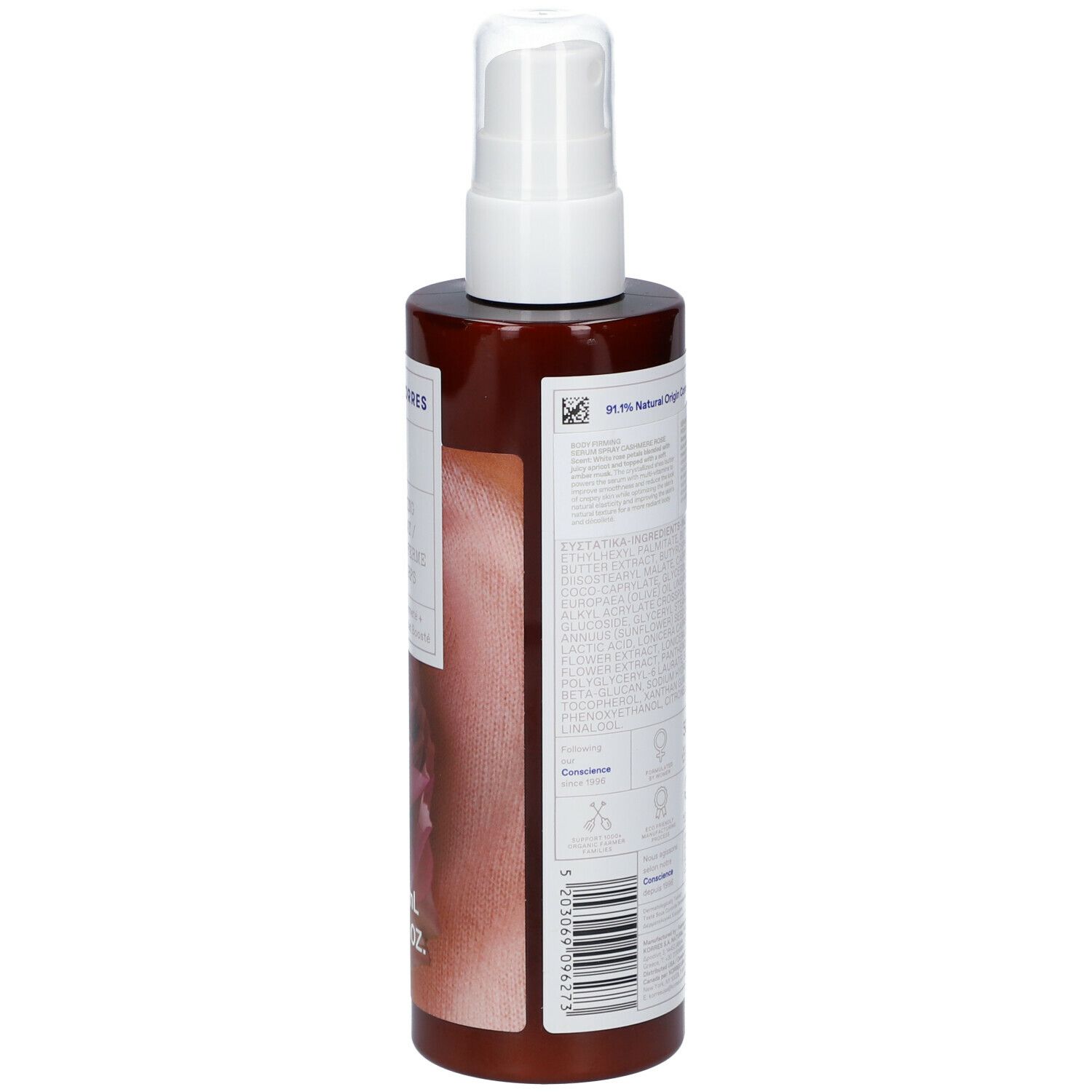 Bruine fles met witte spraykop. Opschriften en informatie op wit etiket. Achterkant met tekst.