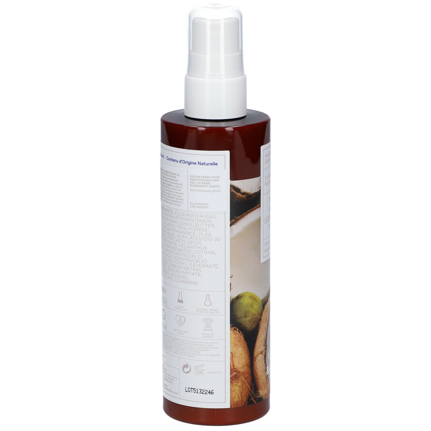 Dos du flacon spray marron. Texte avec ingrédients et informations. Illustrations de certifications et symboles.