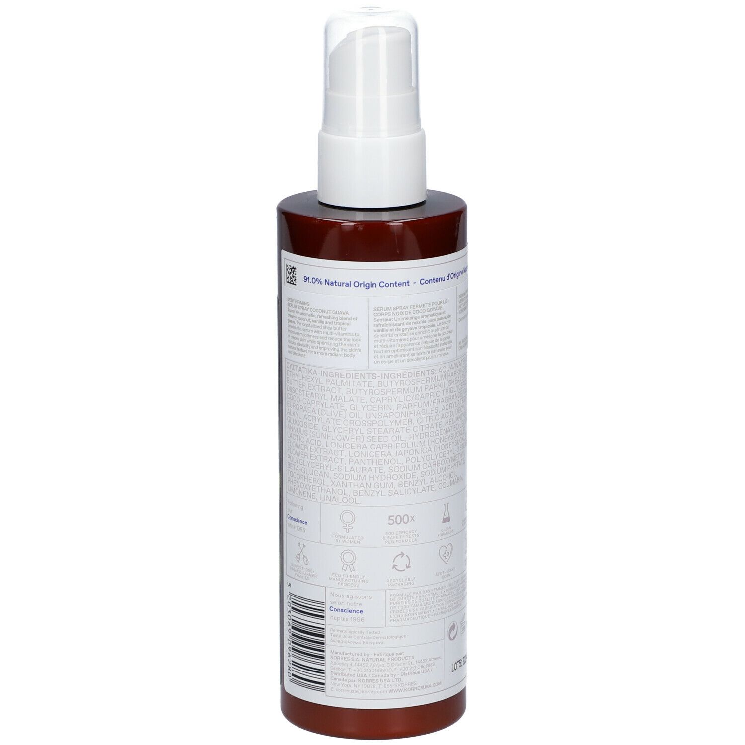 Dos du flacon spray marron. Texte avec ingrédients et informations. Illustrations de certifications et symboles.