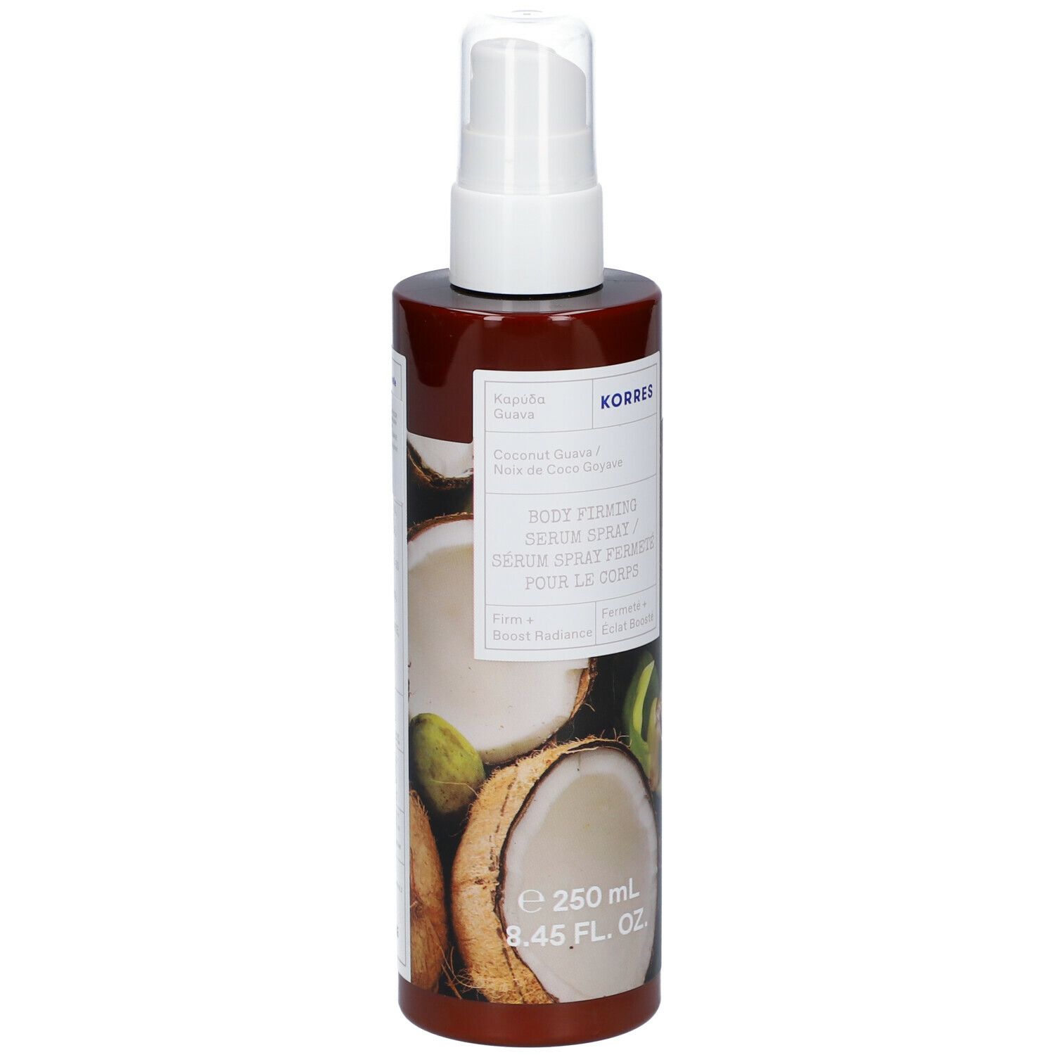 Flacon spray marron avec tête blanche. Motif noix de coco et goyave. Texte: KORRES, Body Firming Serum Spray.