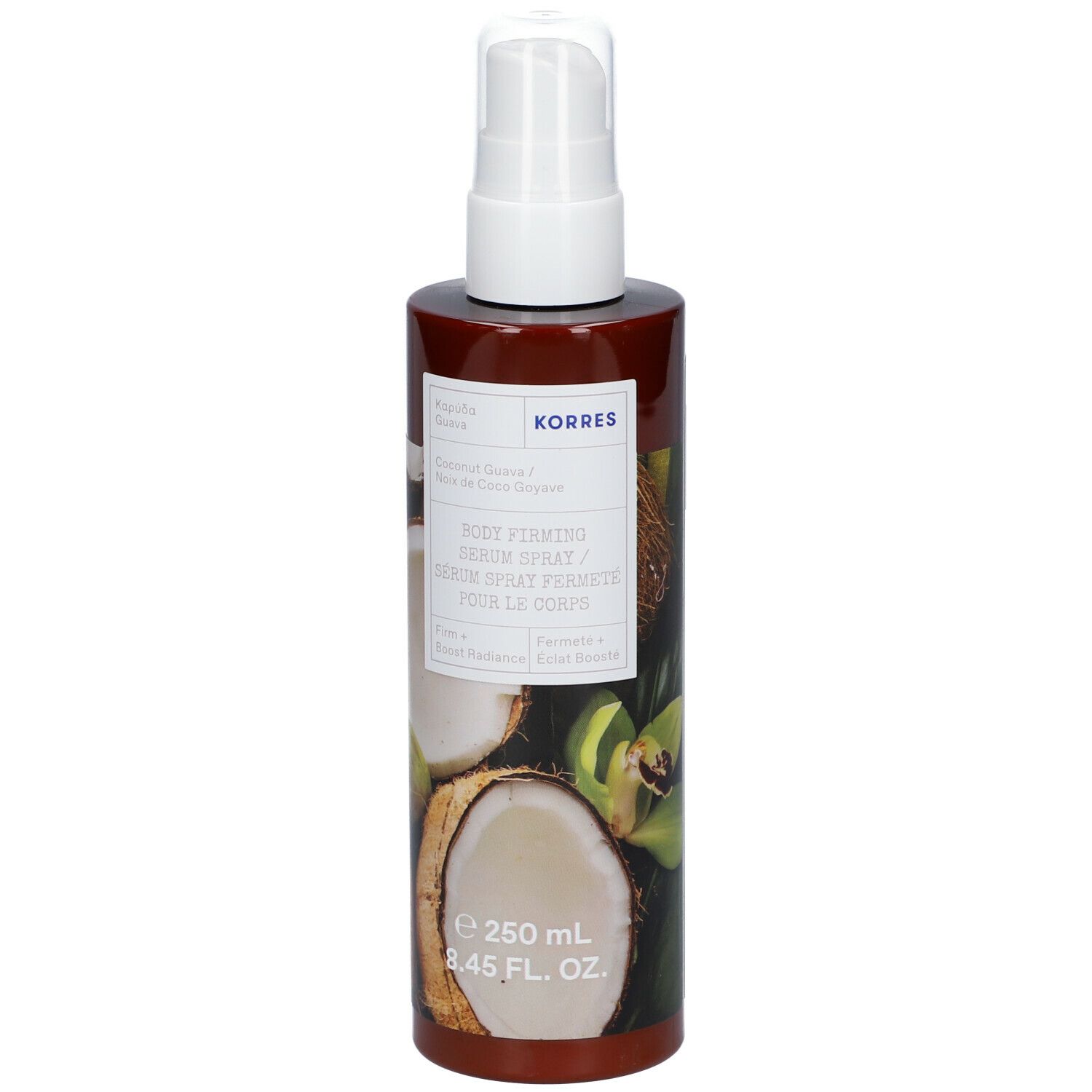 Flacon spray marron avec tête blanche. Motif noix de coco et goyave. Texte: KORRES, Body Firming Serum Spray.