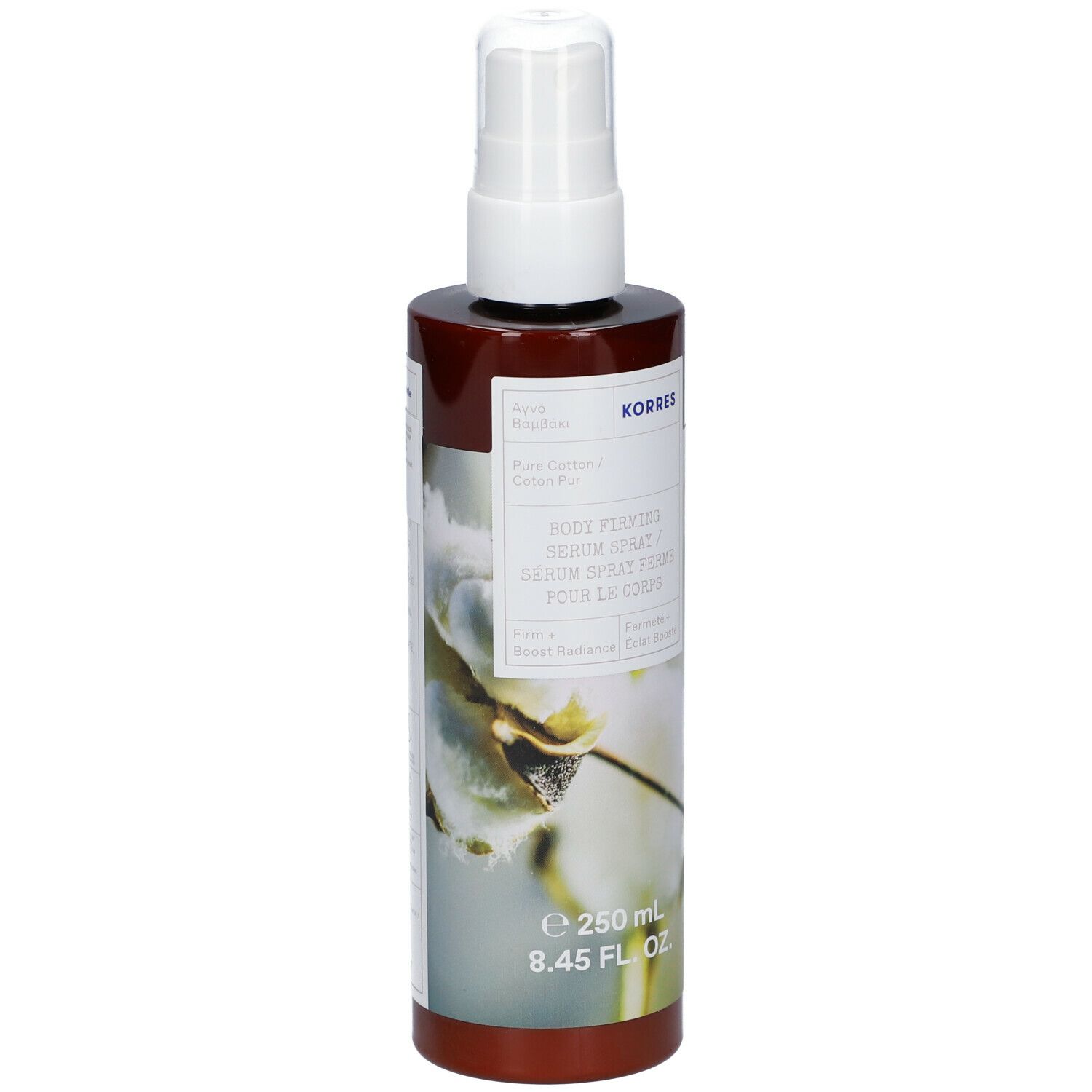 KORRES Body Firming Serum Spray. Bruine fles met witte spraykop. Etiket met productinfo en bloemmotief.