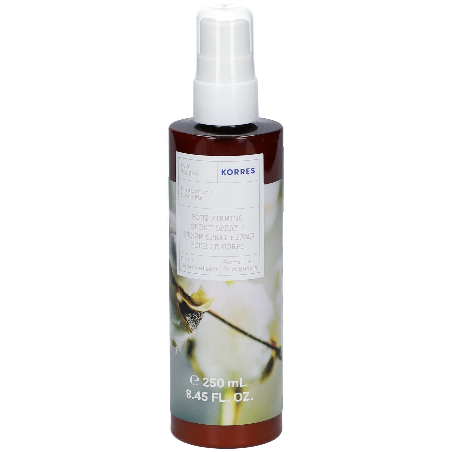 KORRES Body Firming Serum Spray. Bruine fles met witte spraykop. Etiket met productinfo en bloemmotief.