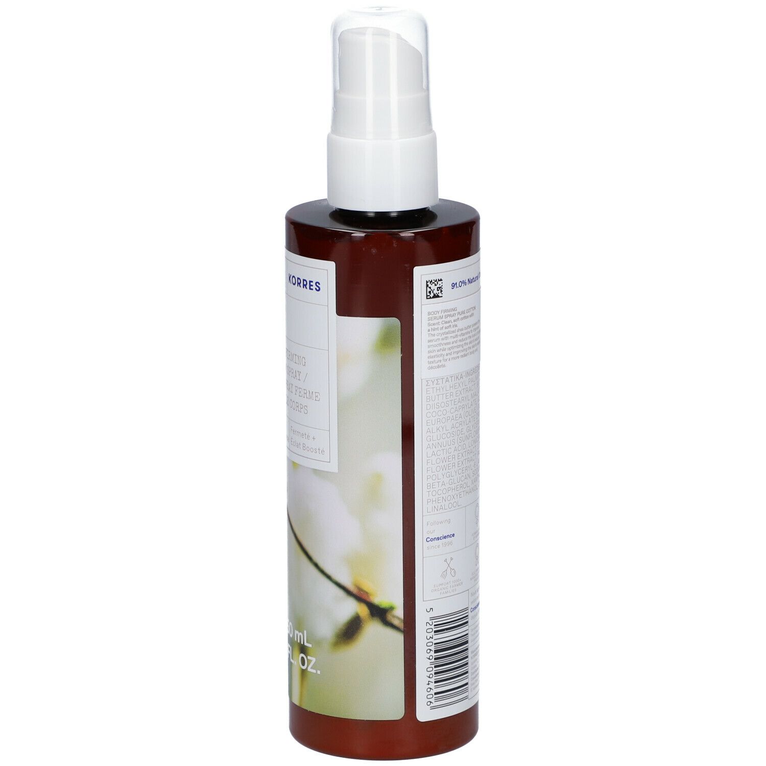 Achterkant KORRES Body Firming Serum Spray fles. Tekst met ingrediënten en info. Bruine fles met witte spraykop.