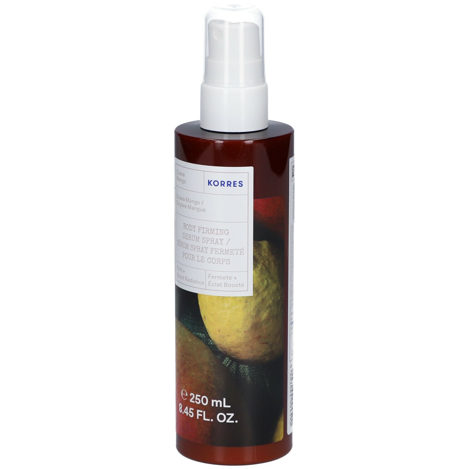 Bruine fles met witte spraykop. Etiket met productnaam, ingrediënten en volume. Illustratie van mango en guave.