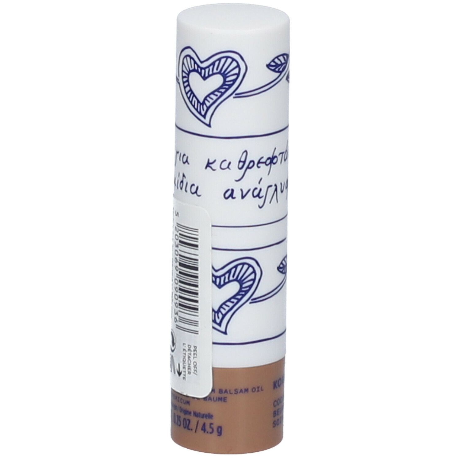 Lippenpflegestift mit weißer Hülle, blauem Herz-Dekor und Schriftzug. Braune Basis. KORRES-Logo und Barcode.