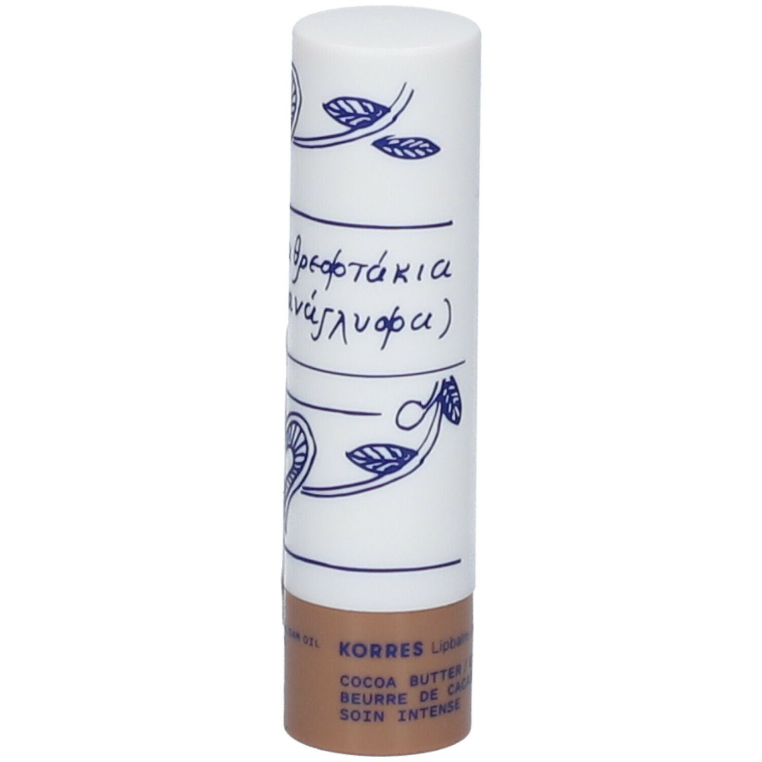 Lippenpflegestift mit weißer Hülle, blauem Dekor und Schriftzug. Braune Basis. KORRES-Logo sichtbar.