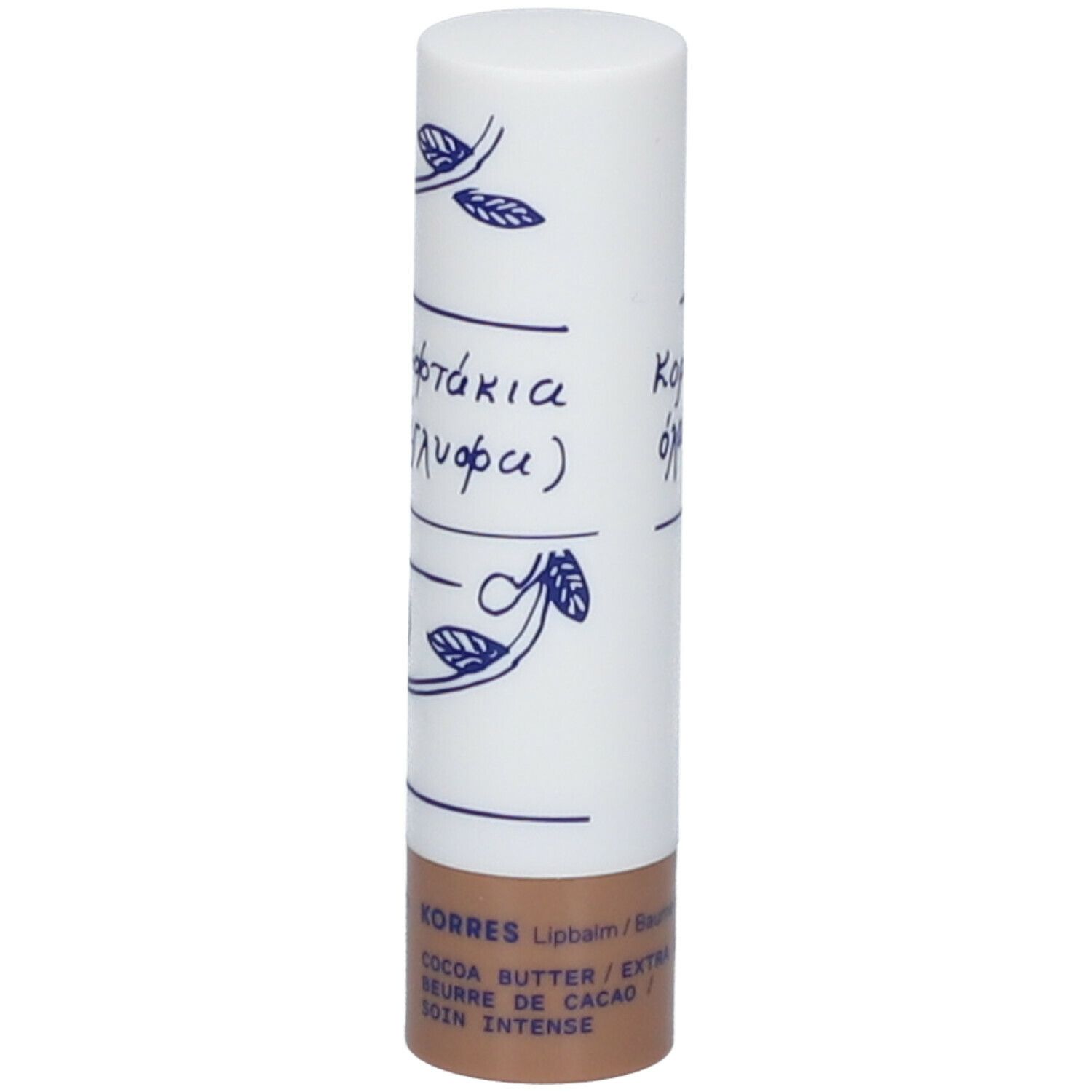 Lippenpflegestift mit weißer Hülle, blauem Dekor und Schriftzug. Braune Basis. KORRES-Logo sichtbar.
