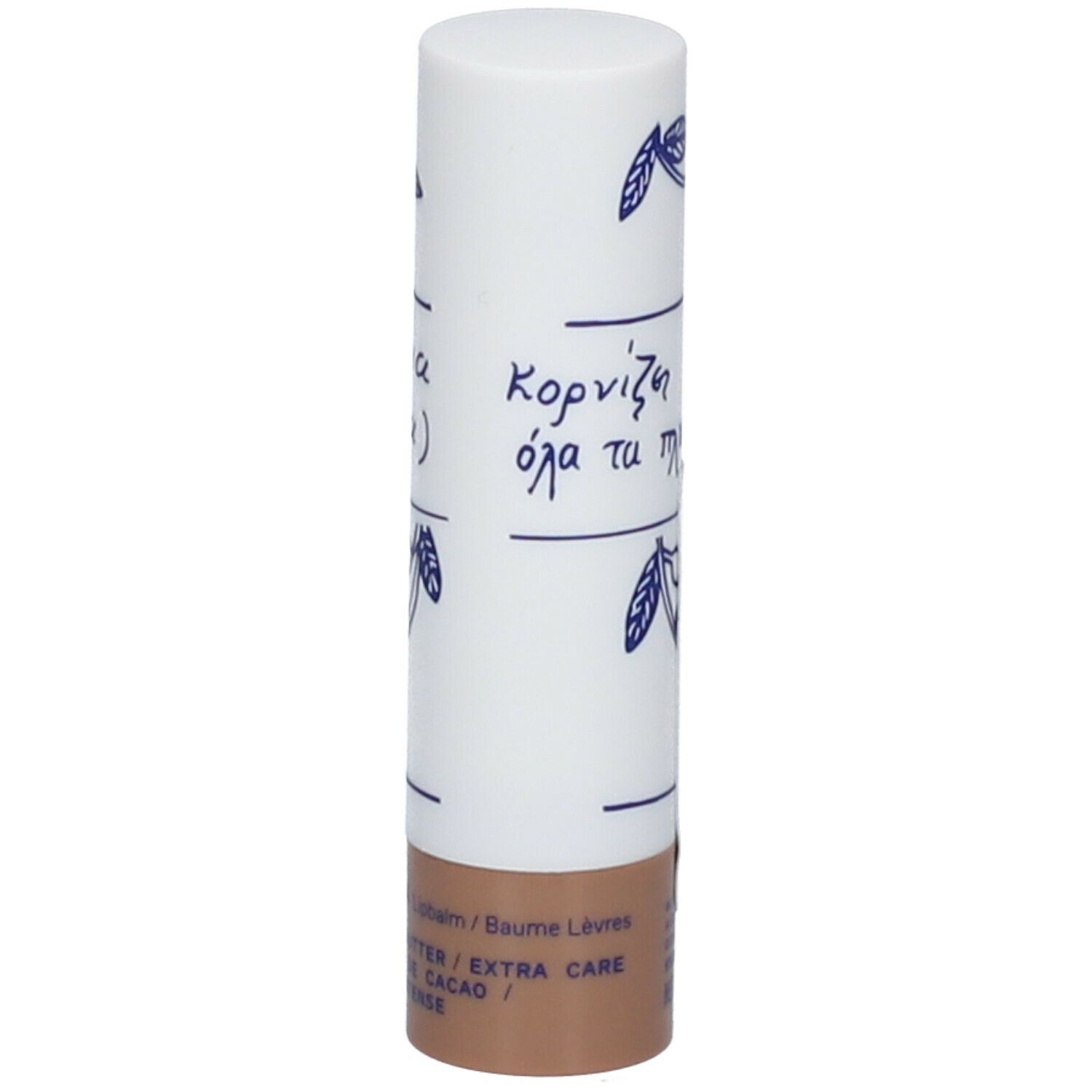 Lippenpflegestift mit weißer Hülle, blauem Dekor und Schriftzug. Braune Basis. KORRES-Logo sichtbar.