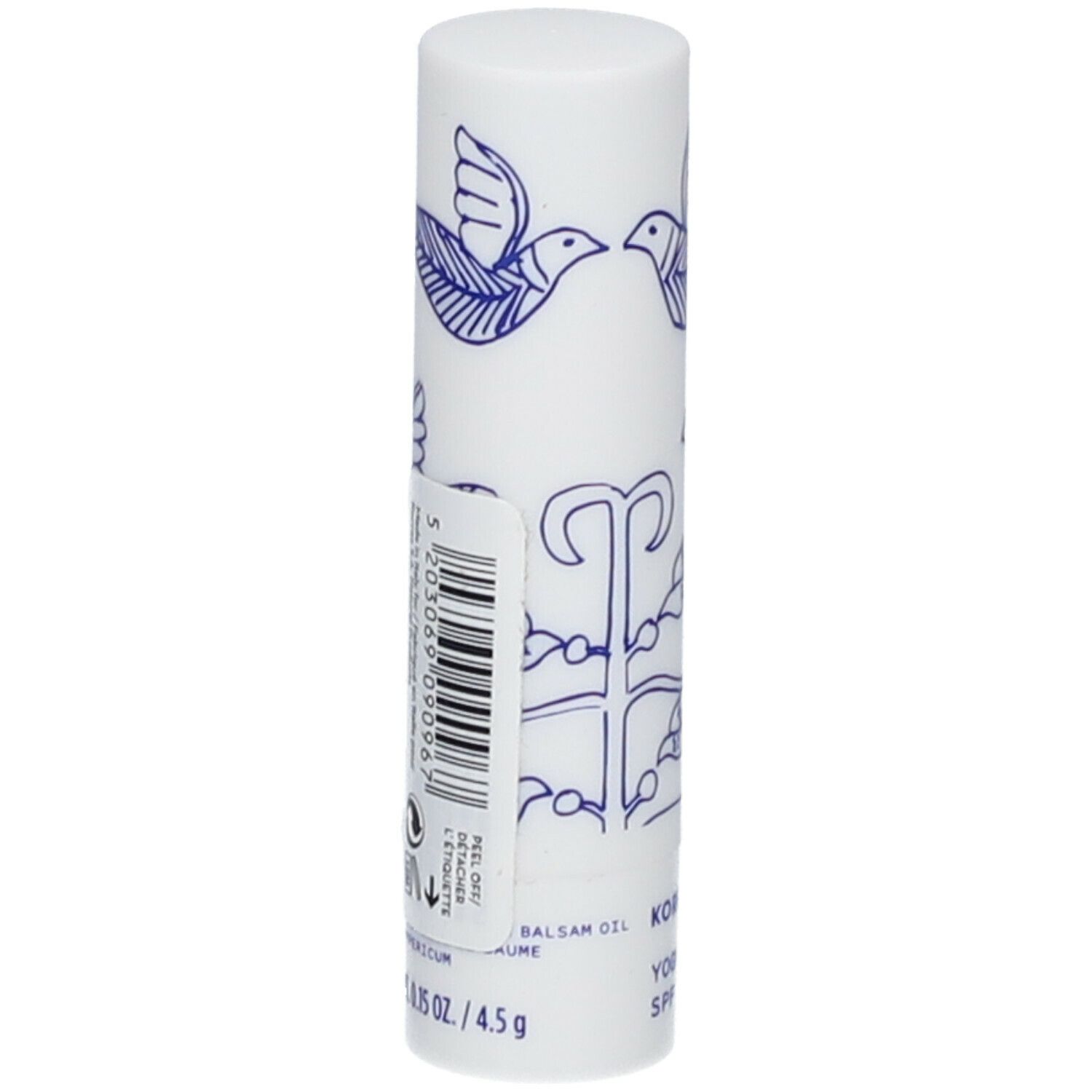 Witte lippenbalsem met blauw vogelpatroon. Sticker met barcode en tekst. Opschrift: KORRES, 4.5g.