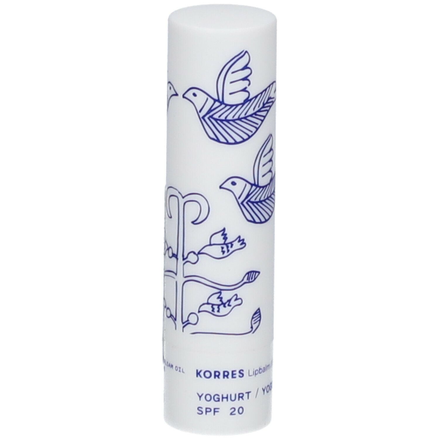 Witte lippenbalsem met blauw vogelpatroon. Opschrift: KORRES, Yoghurt, SPF 20.