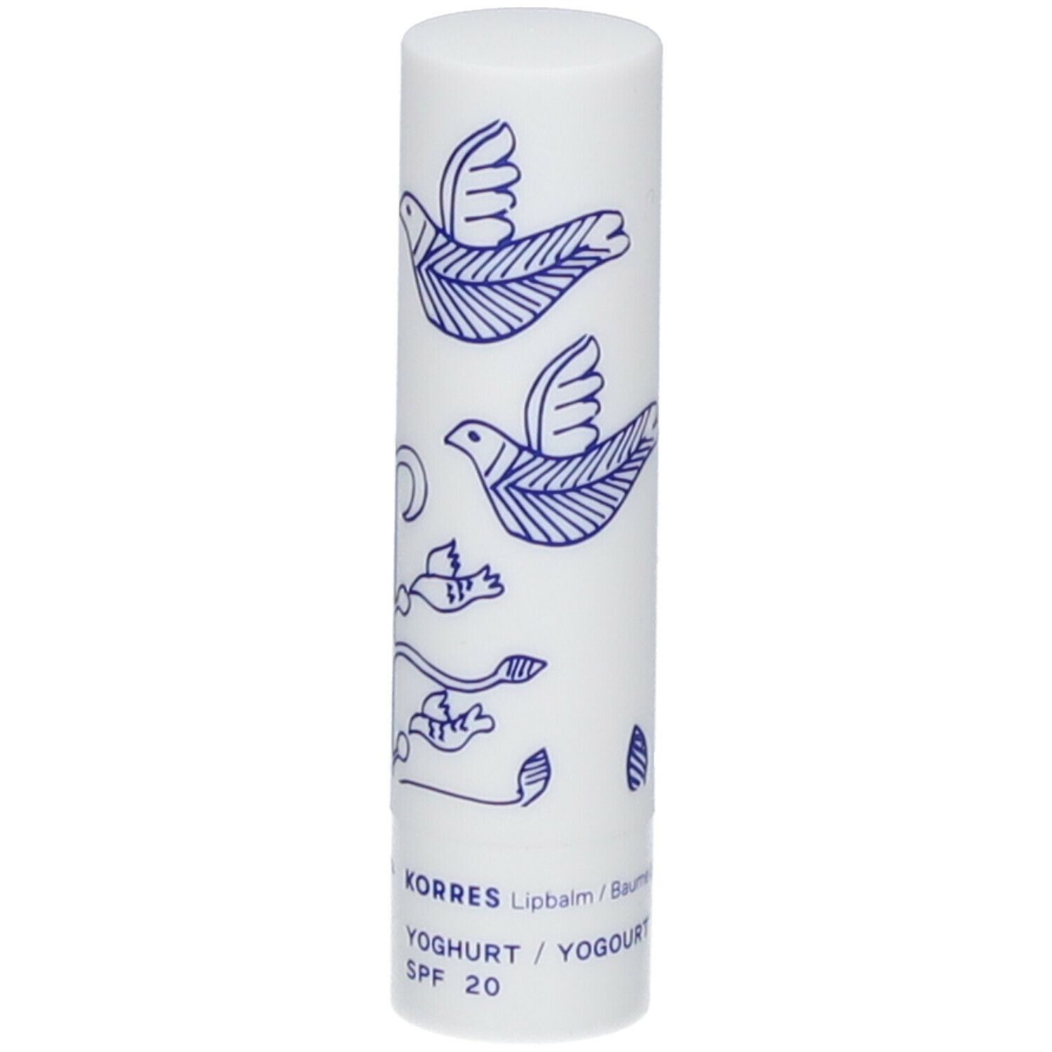 Witte lippenbalsem met blauw vogelpatroon. Opschrift: KORRES, Yoghurt, SPF 20.