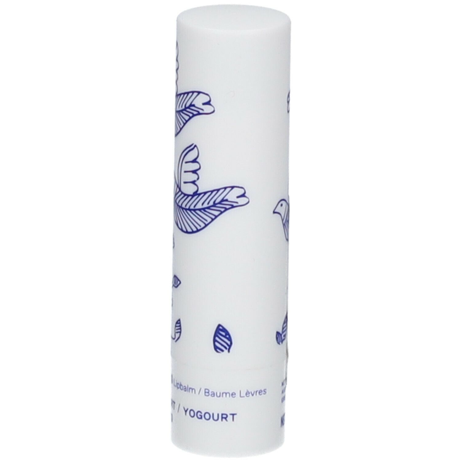 Witte lippenbalsem met blauw vogelpatroon. Opschrift: KORRES, YOGURT.
