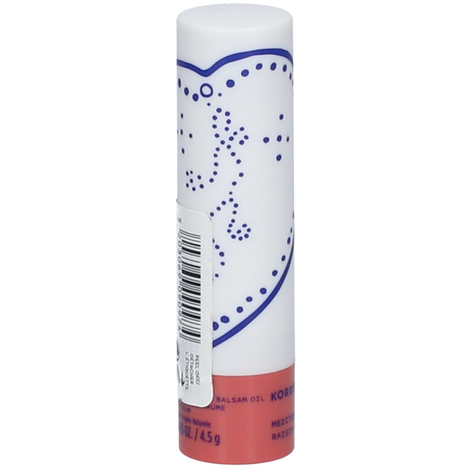 Lipbalsem, witte cilinder met blauw patroon en rode basis. Etiket met barcode en tekst.