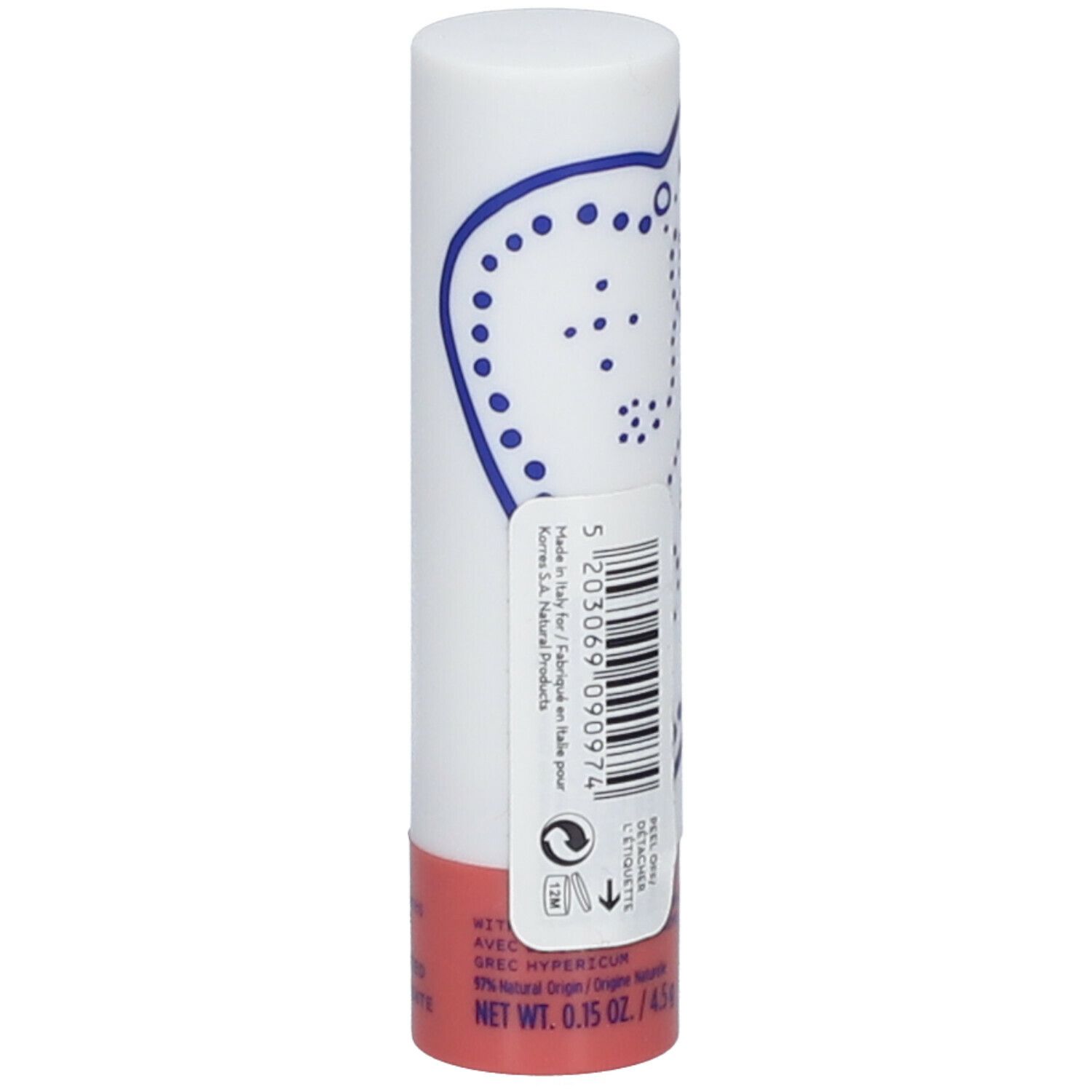 Lipbalsem, witte cilinder met blauw patroon en rode basis. Etiket met tekst en barcode.