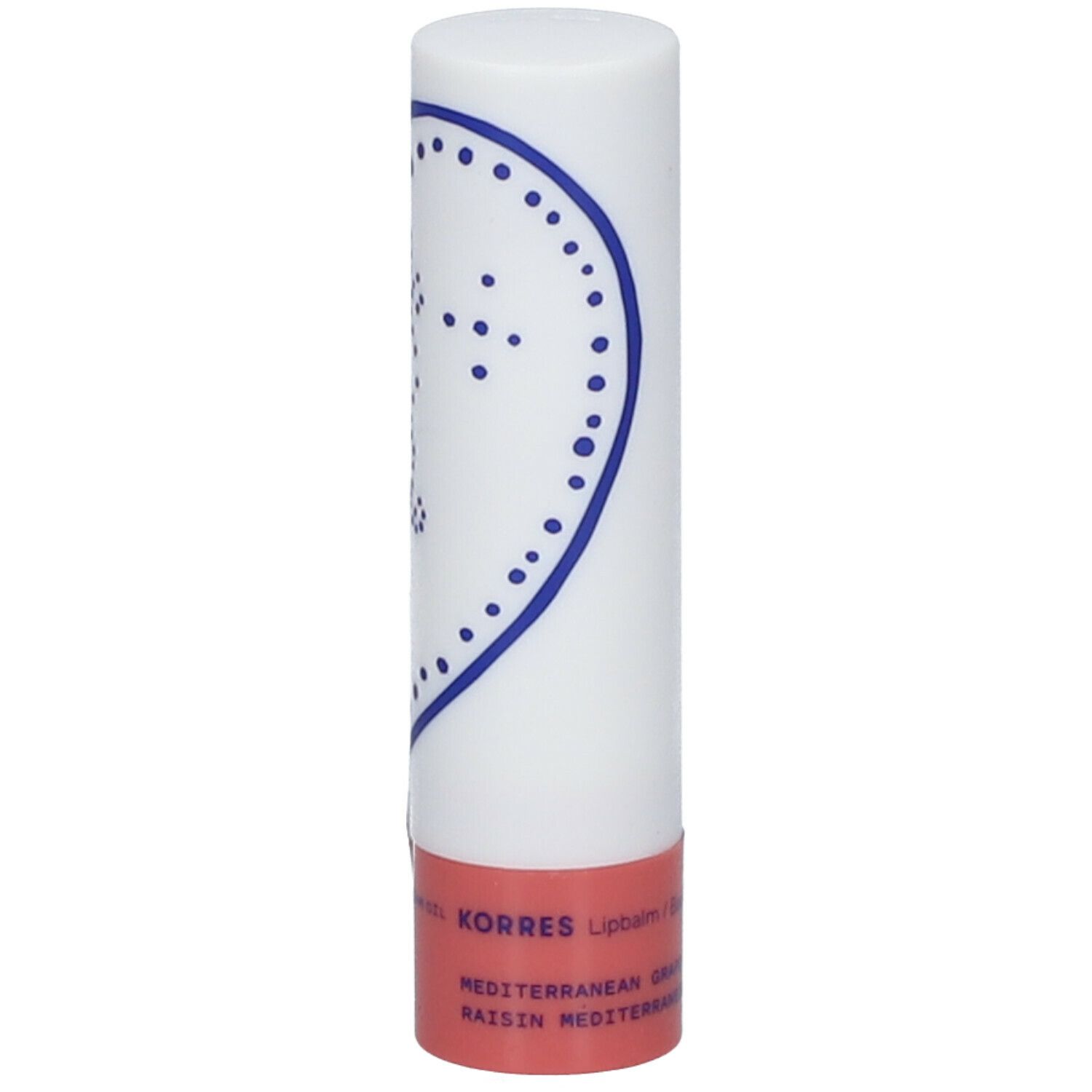 Lipbalsem, witte cilinder met blauw patroon en rode basis. Tekst: KORRES, Mediterranean Grape.