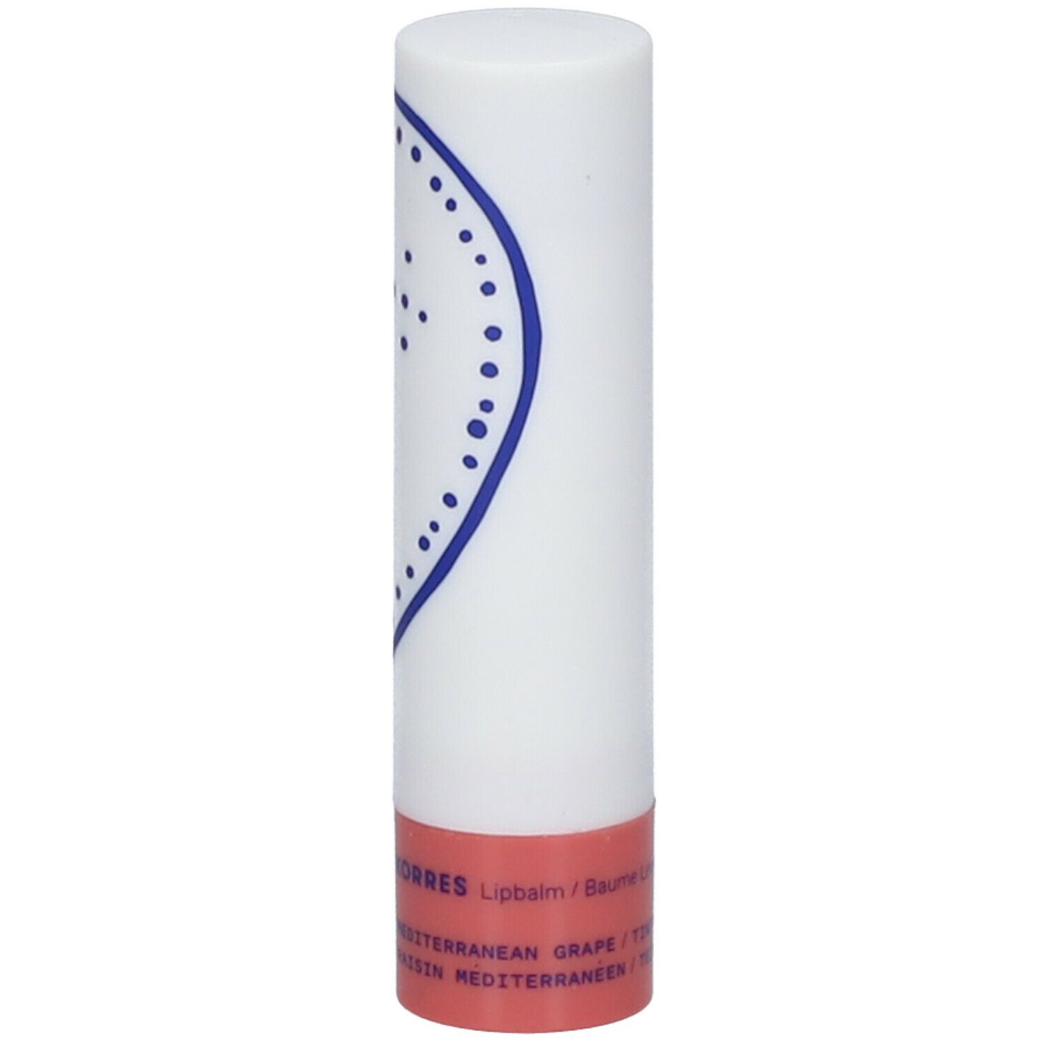Lipbalsem, witte cilinder met blauw patroon en rode basis. Tekst: KORRES, Mediterranean Grape.