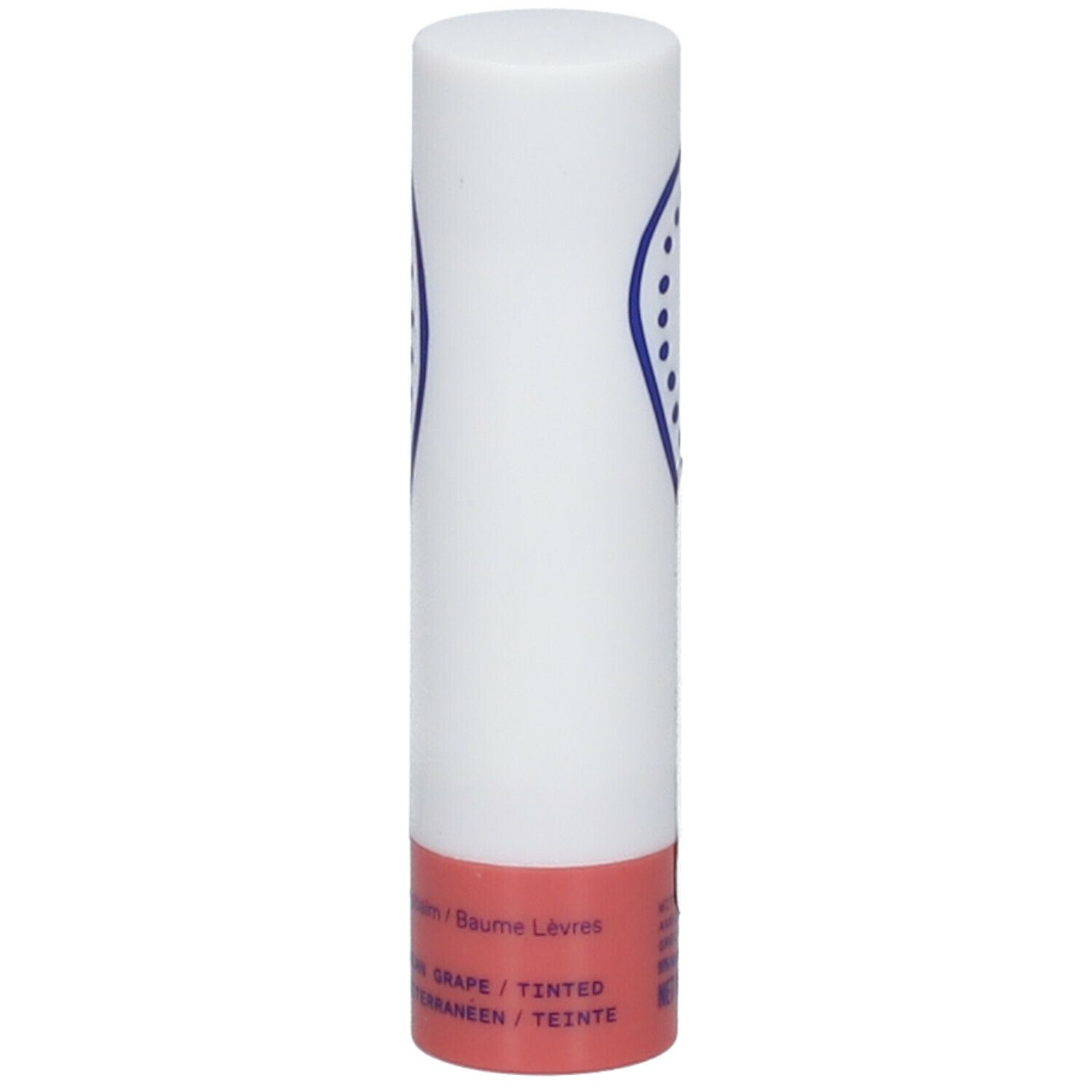 Lipbalsem, witte cilinder met blauw patroon en rode basis. Tekst: KORRES, Mediterranean Grape.