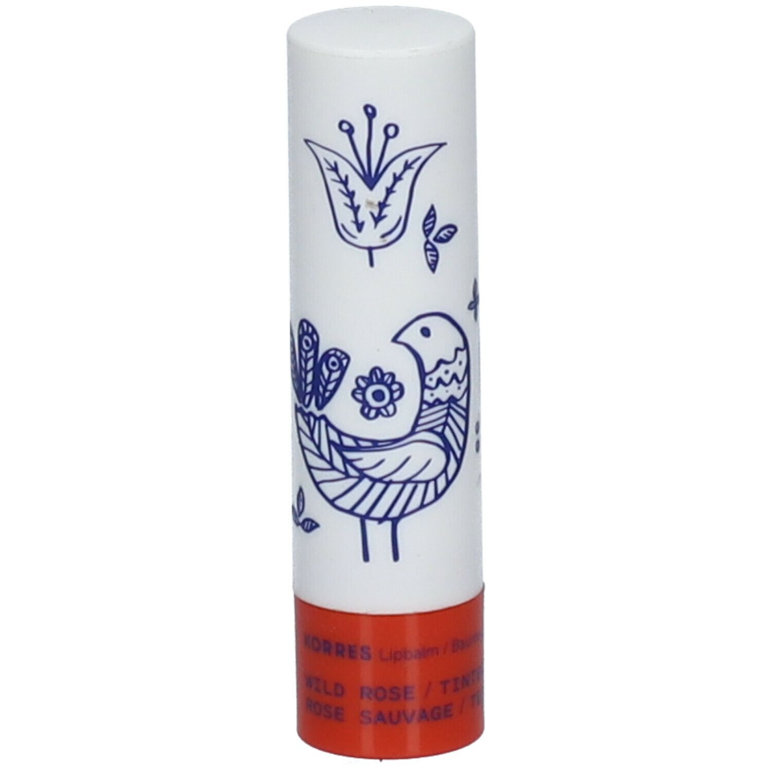 Lipstick in witte huls met blauw vogel- en bloemmotief. Rode basis. KORRES-logo zichtbaar.