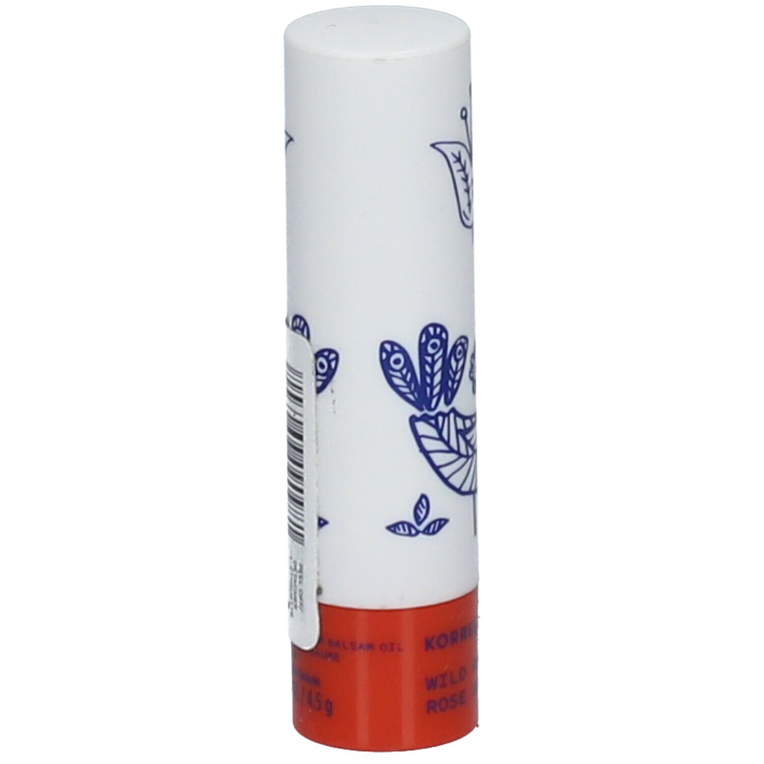 Lipstick in witte huls met blauw vogel- en bloemmotief. Rode basis. KORRES-logo en tekst gedrukt.