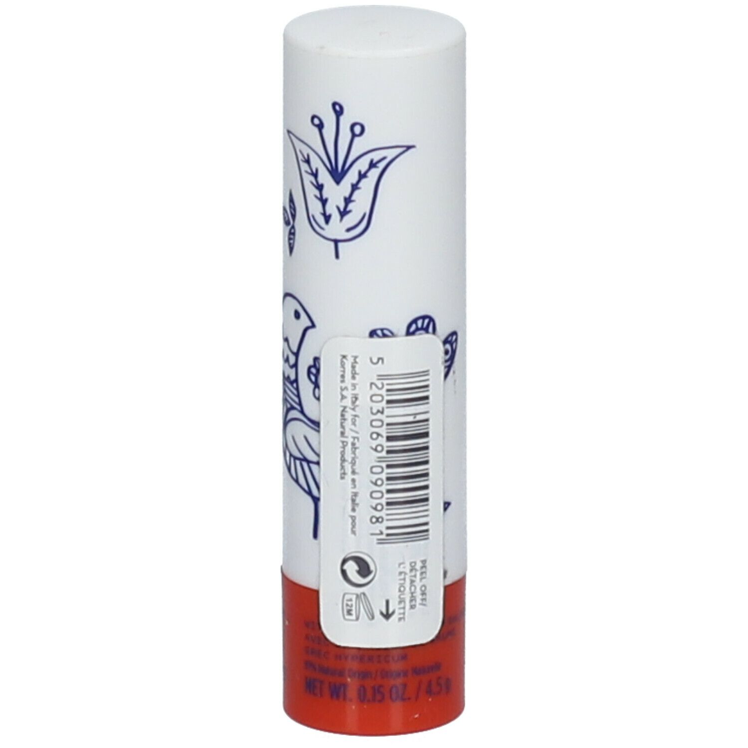 Lipstick in witte huls met blauw vogel- en bloemmotief. Rode basis. KORRES-logo en tekst gedrukt.