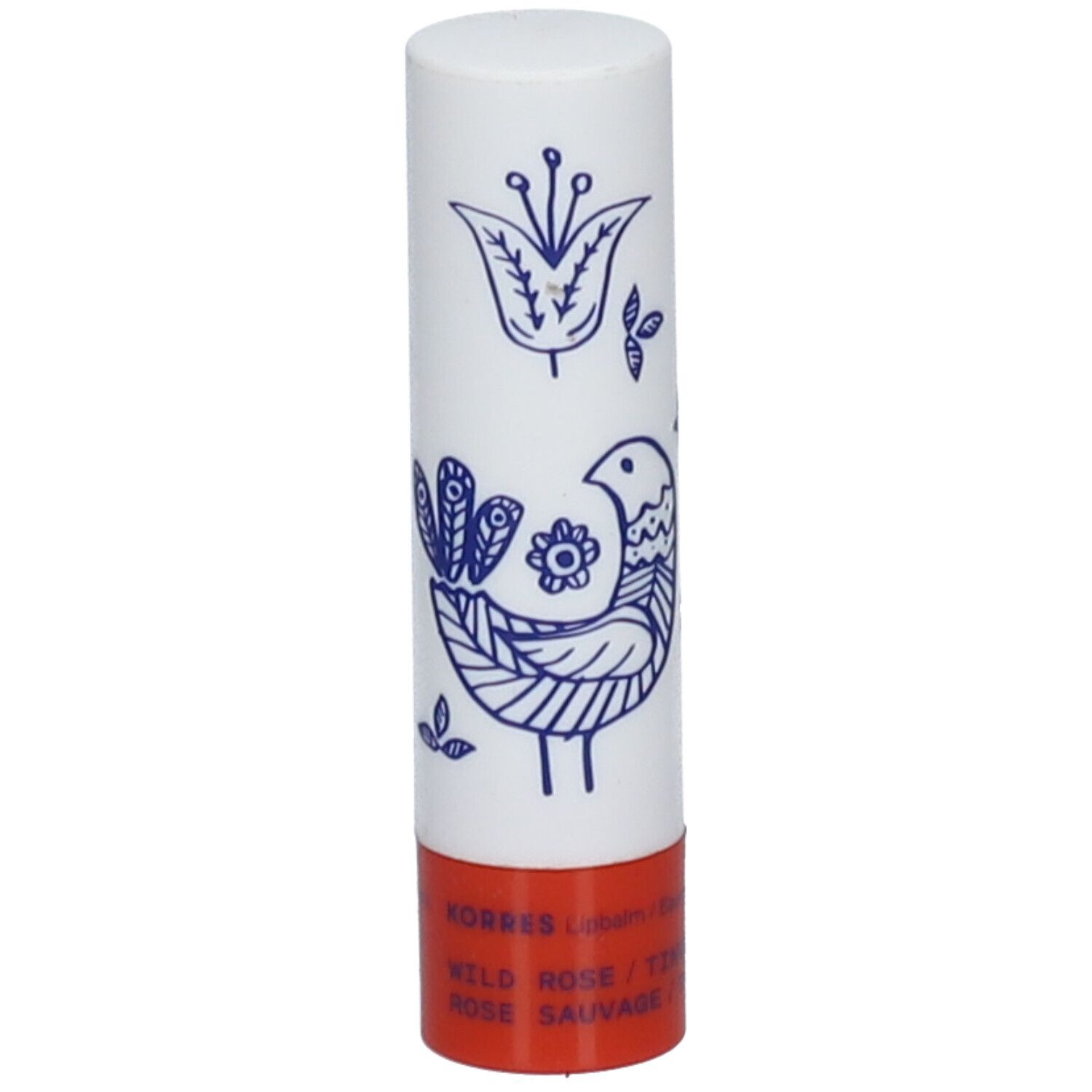 Lipstick in witte huls met blauw vogel- en bloemmotief. Rode basis. KORRES-logo en tekst gedrukt.