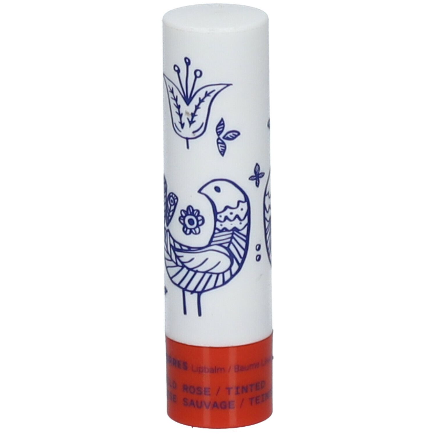 Lipstick in witte huls met blauw vogel- en bloemmotief. Rode basis. KORRES-logo en tekst gedrukt.