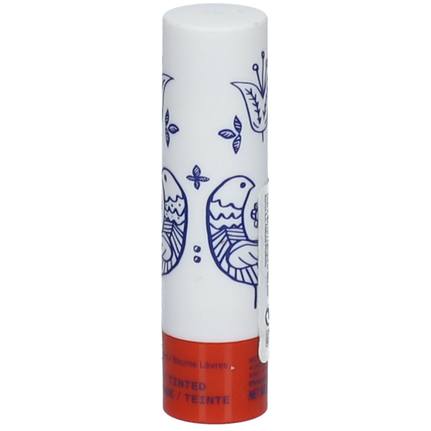 Lipstick in witte huls met blauw vogel- en bloemmotief. Rode basis. KORRES-logo en tekst gedrukt.